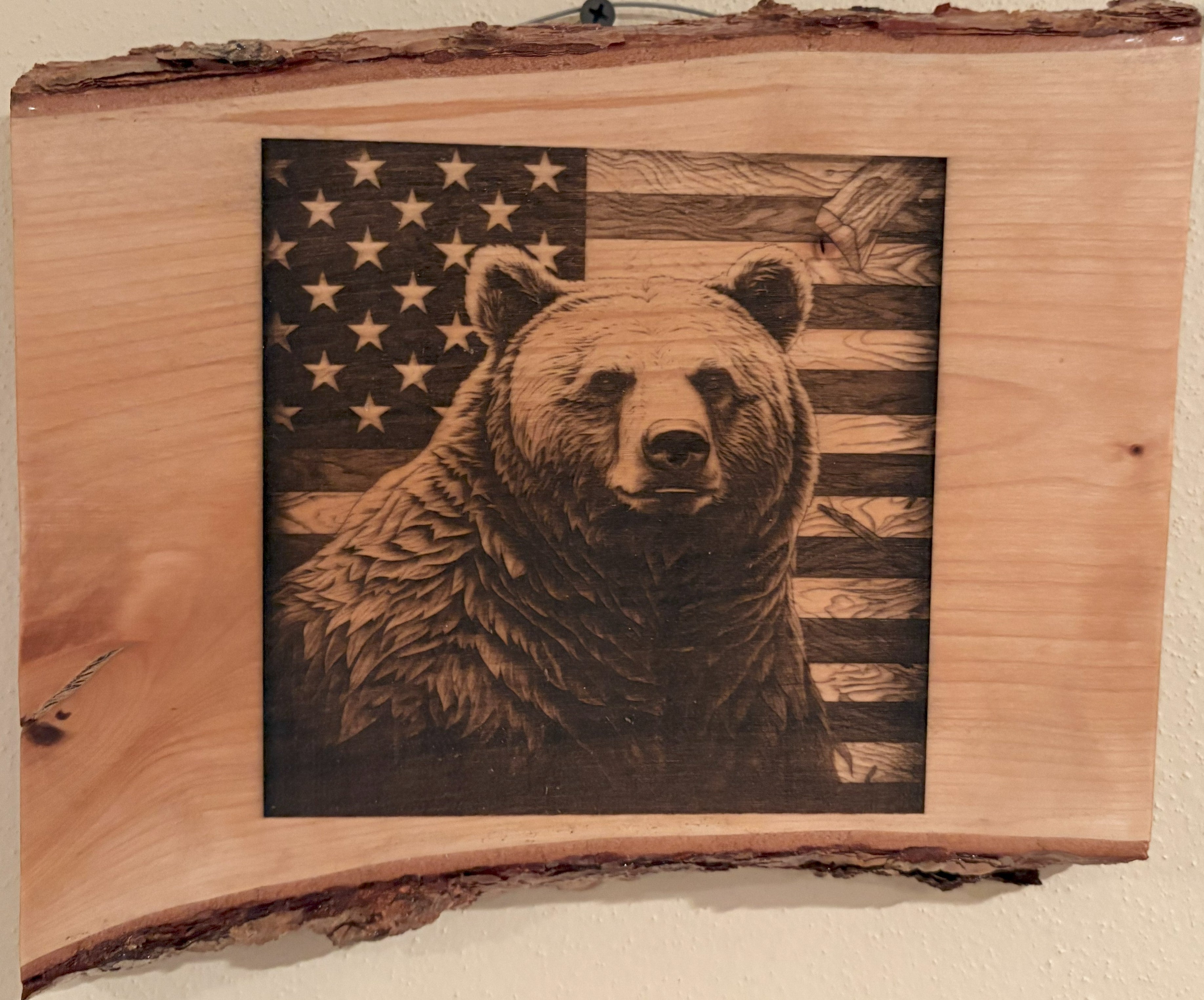 Live Edge Engraved Bear with American Flag | Engraved Bear Gift | Engraved Bear with Flag Wall Art