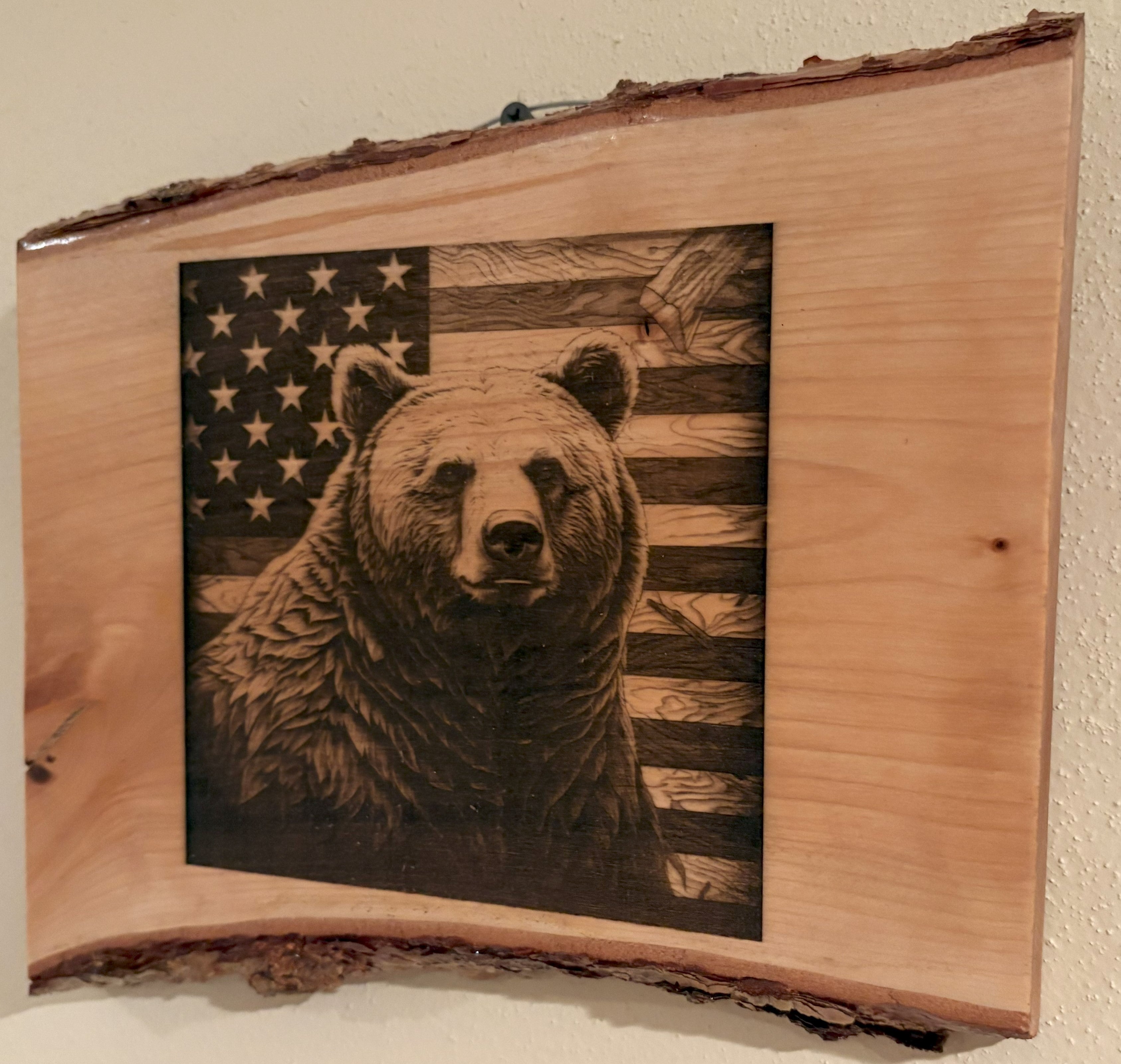 Live Edge Engraved Bear with American Flag | Engraved Bear Gift | Engraved Bear with Flag Wall Art