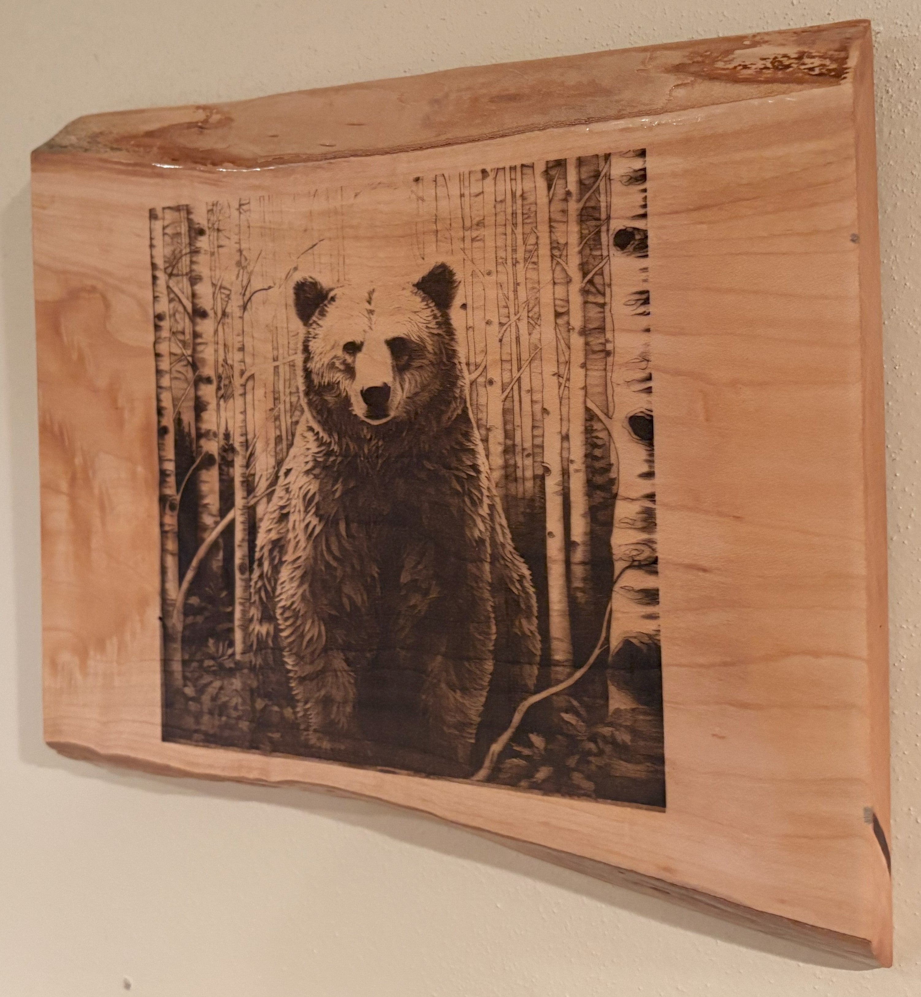 Live Edge Engraved Bear in the Woods | Engraved Bear Gift | Engraved Bear in the Forest Wall Art