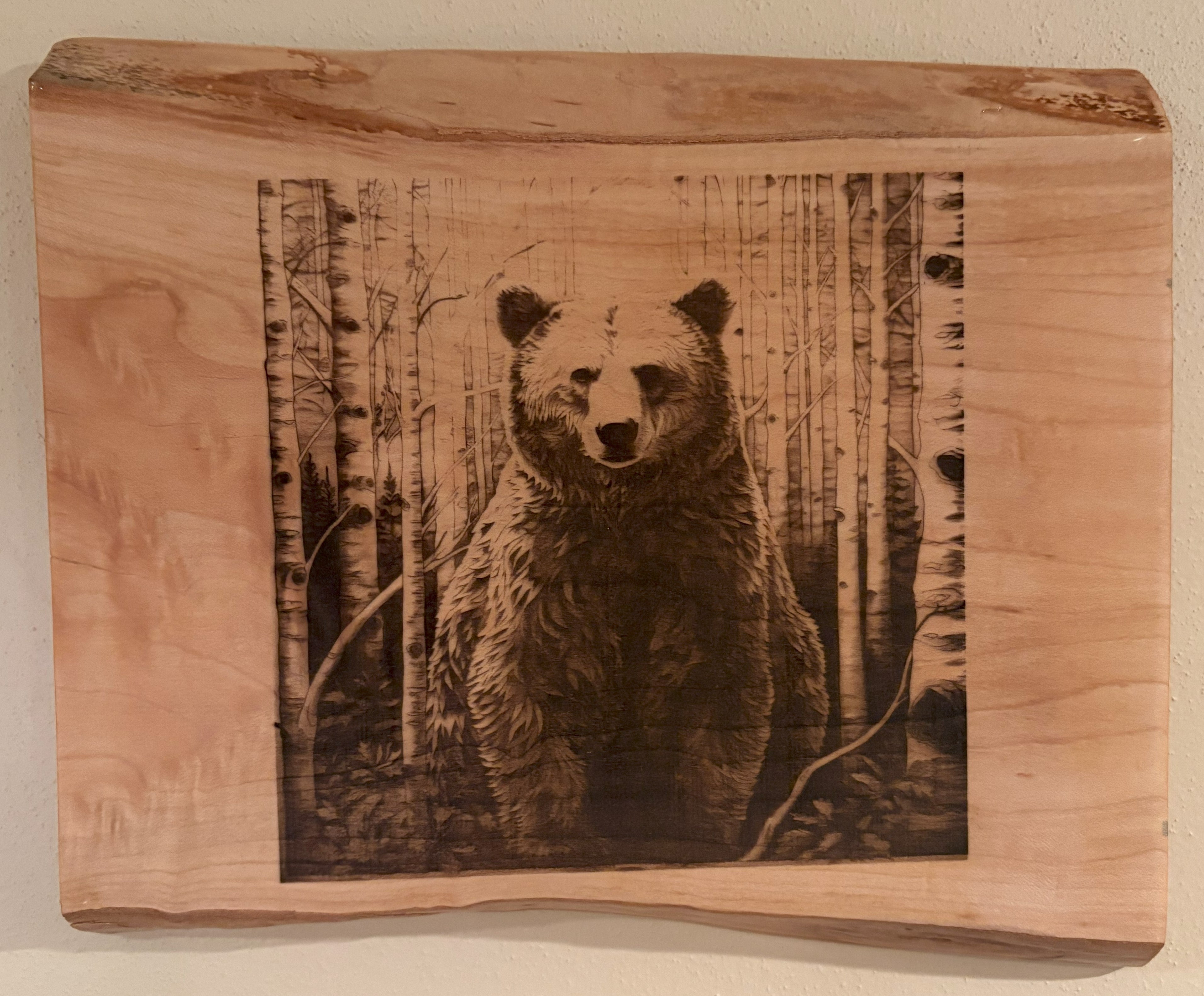 Live Edge Engraved Bear in the Woods | Engraved Bear Gift | Engraved Bear in the Forest Wall Art