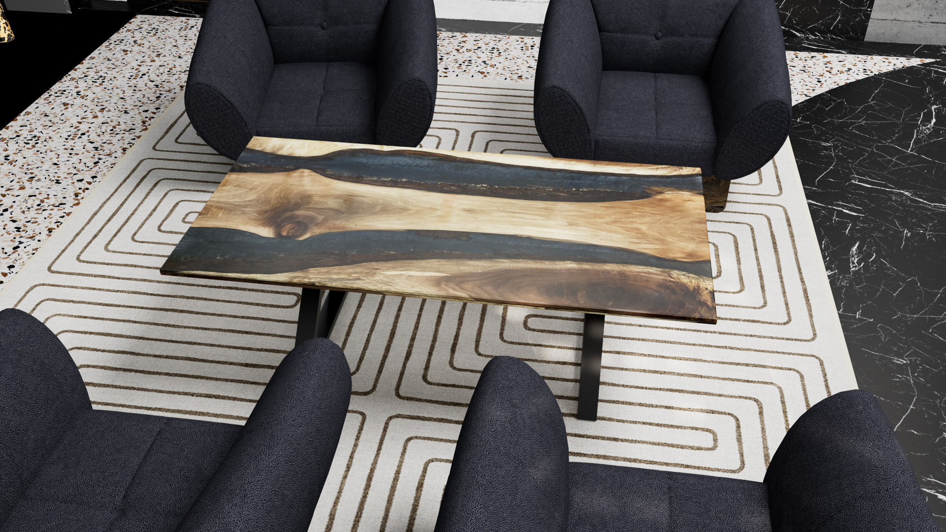 Epoxy Walnut River Table with Heavy Duty X-Shape Metal Legs, Caribbean Blue or Black Epoxy River