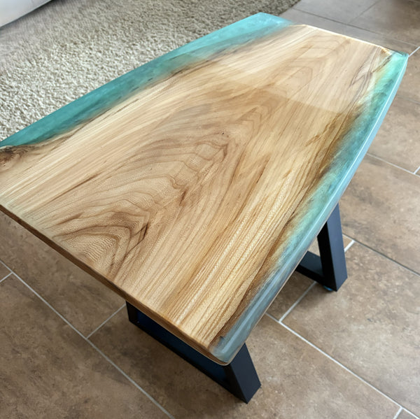 Live Edge Table: Hardwood with Blue Green Epoxy Resin