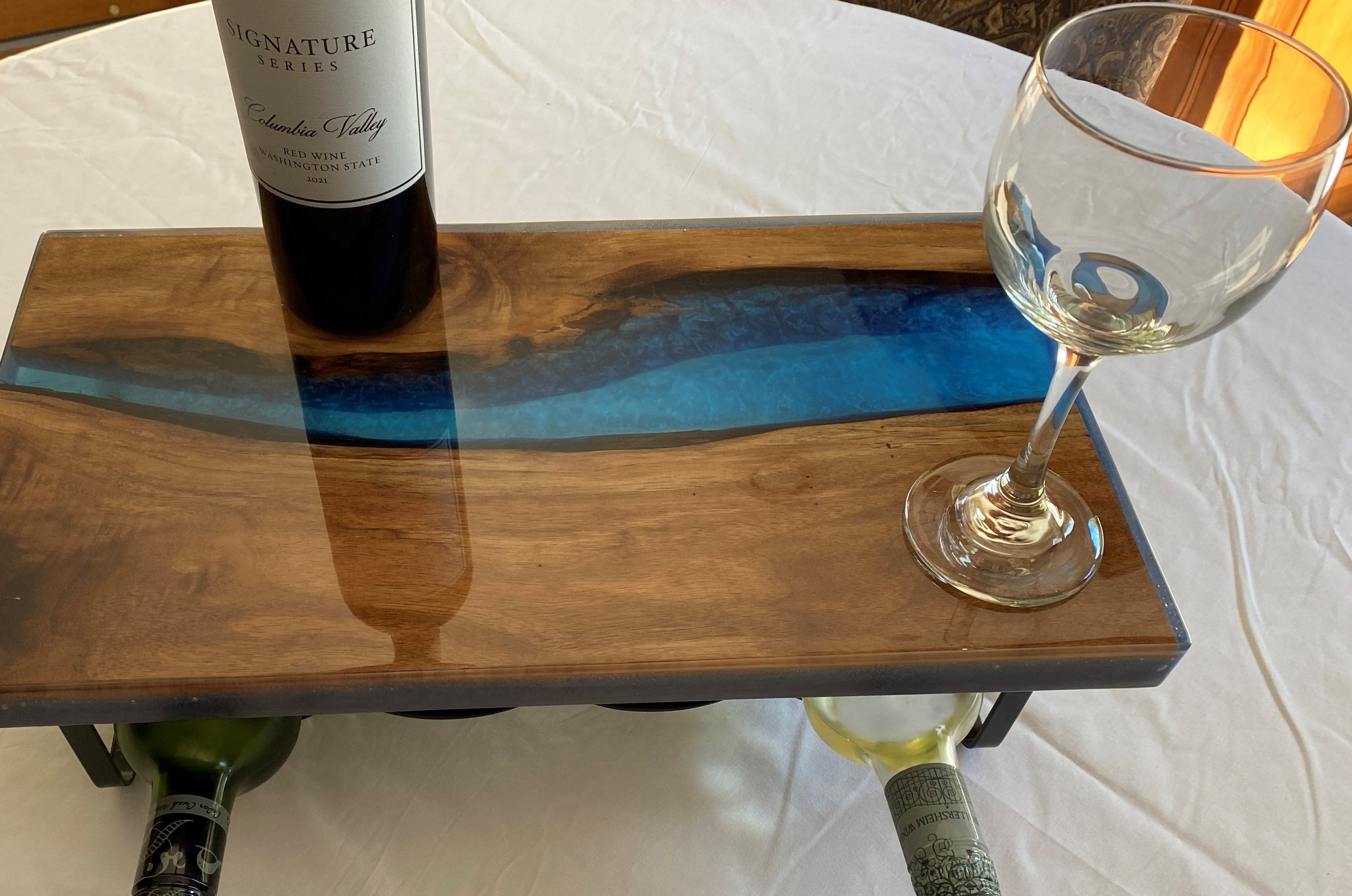 Live Edge Tabletop Four Bottle Wine Rack | Water Scene | River Table Wine Rack | Family and Friends Engraved | Upgradable to Twelve Bottles