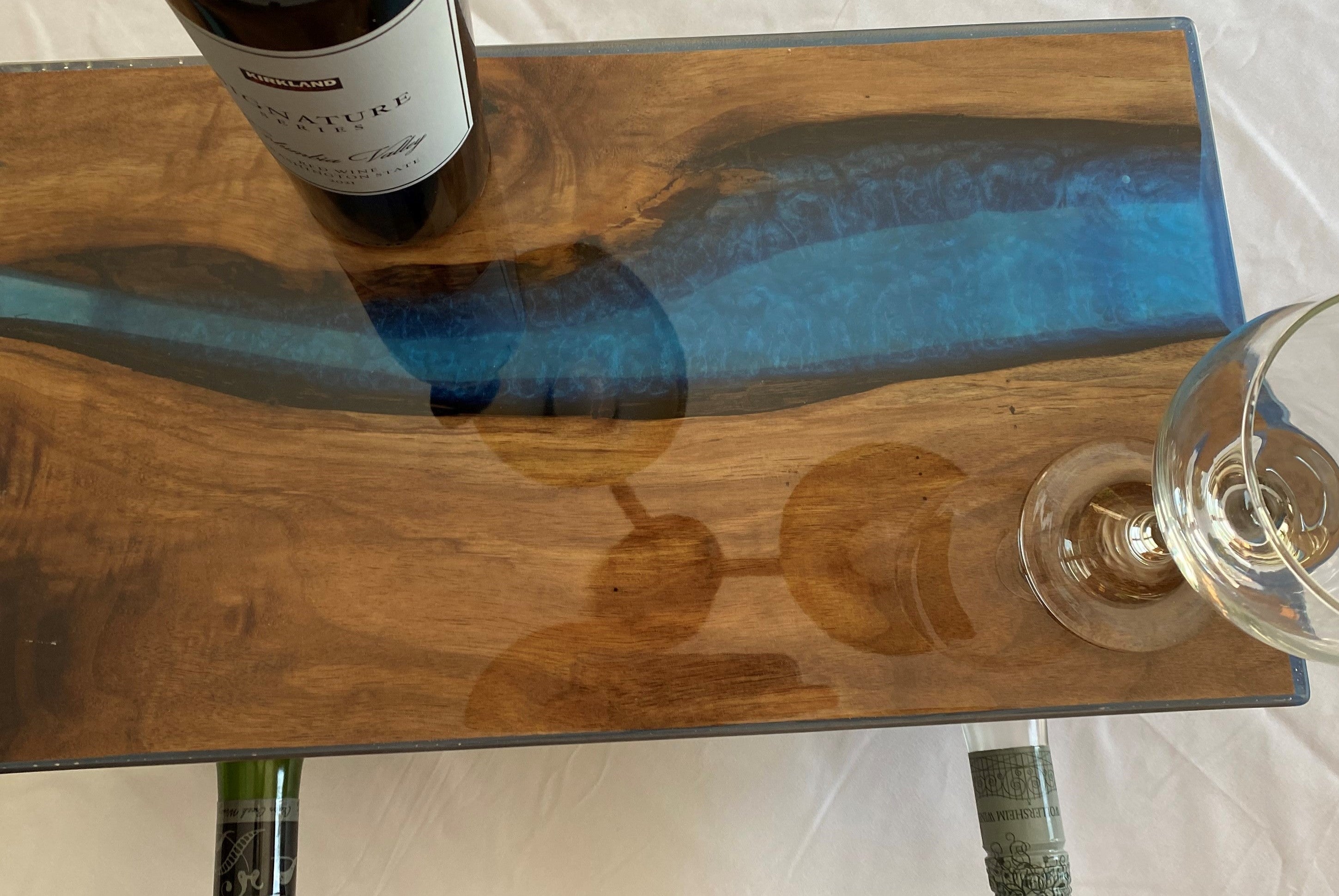 Live Edge Tabletop Four Bottle Wine Rack | Water Scene | River Table Wine Rack | Family and Friends Engraved | Upgradable to Twelve Bottles