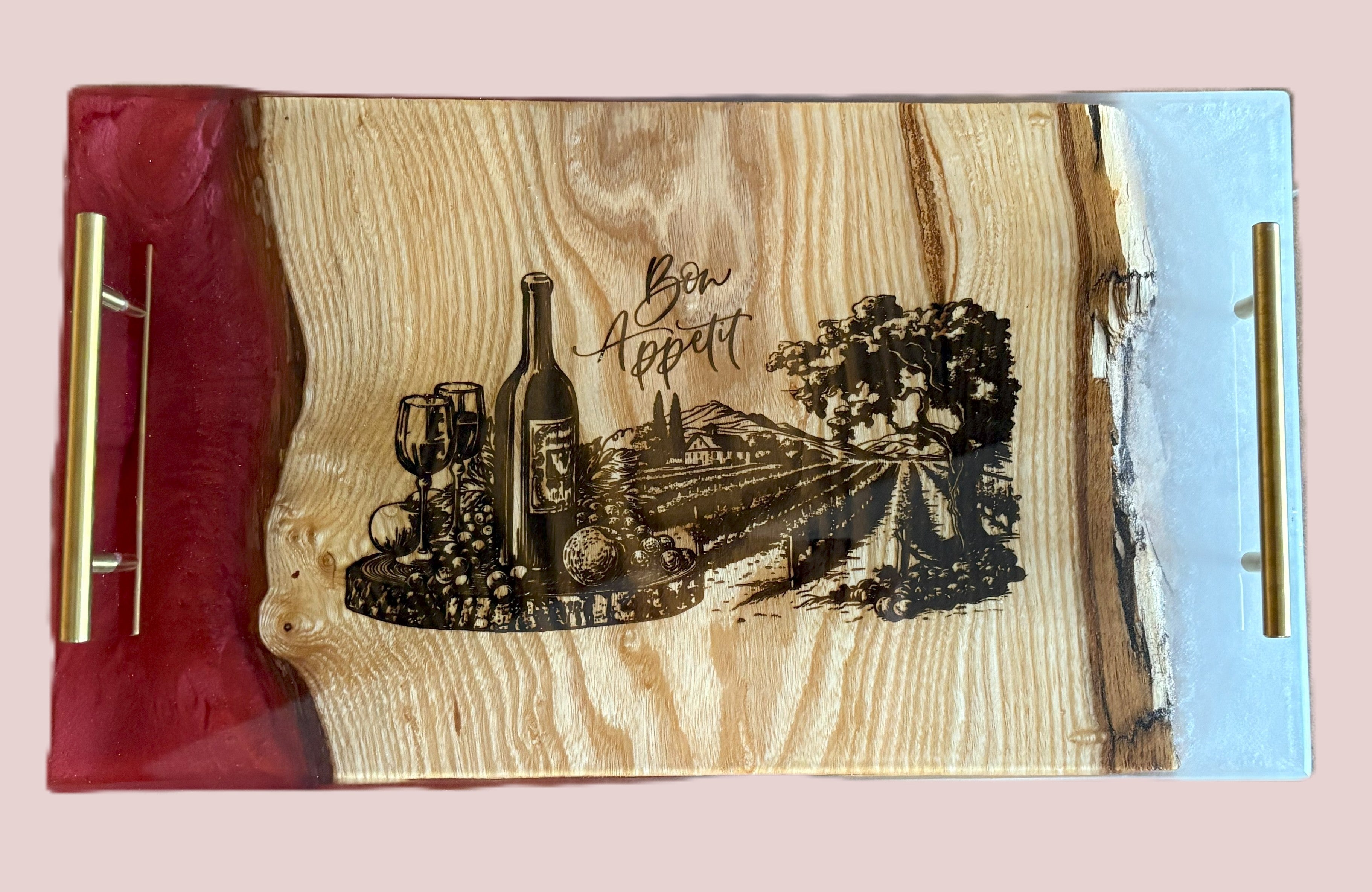 Live Edge Charcuterie Board with Vineyard Engraving | Engraved Tray with Wine Scene and Red and White Epoxy Resin