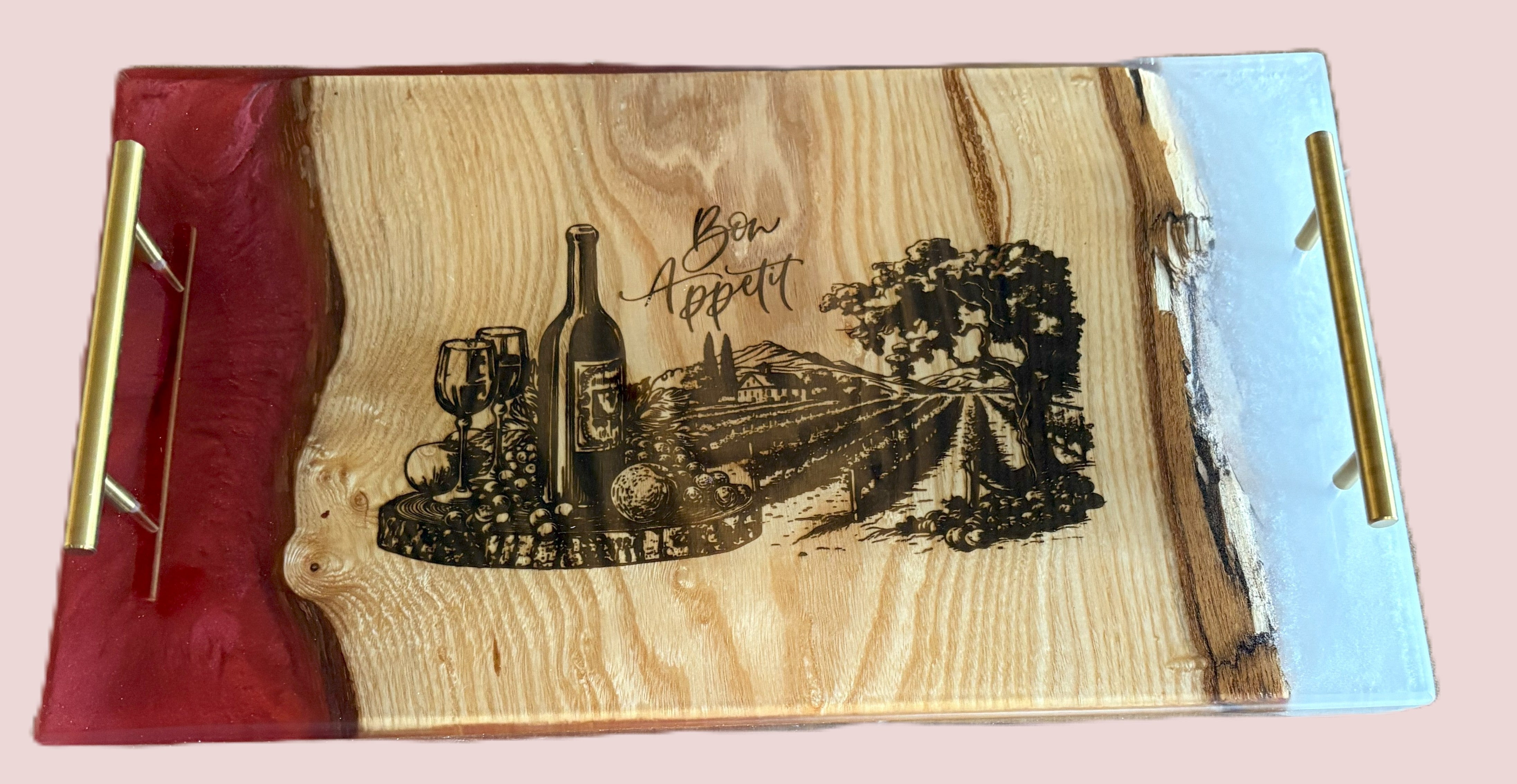 Live Edge Charcuterie Board with Vineyard Engraving | Engraved Tray with Wine Scene and Red and White Epoxy Resin