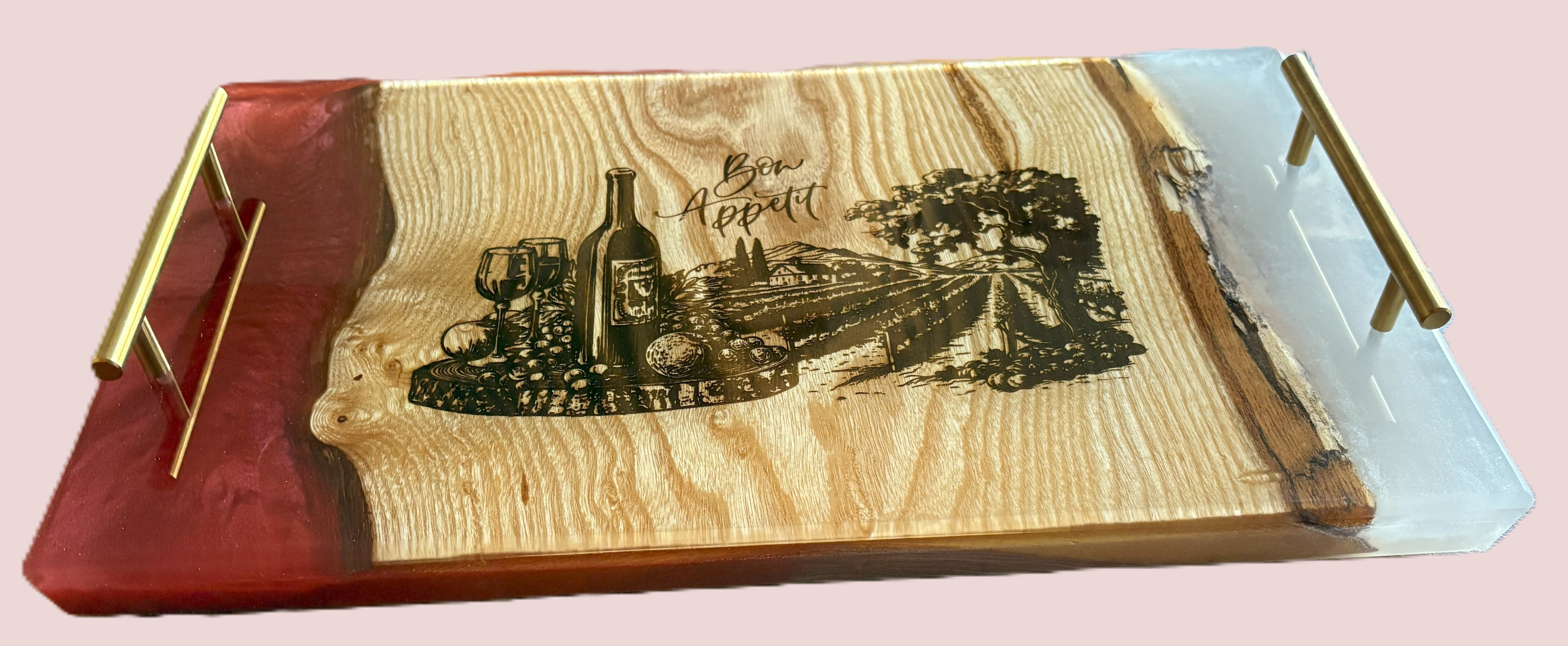 Live Edge Charcuterie Board with Vineyard Engraving | Engraved Tray with Wine Scene and Red and White Epoxy Resin