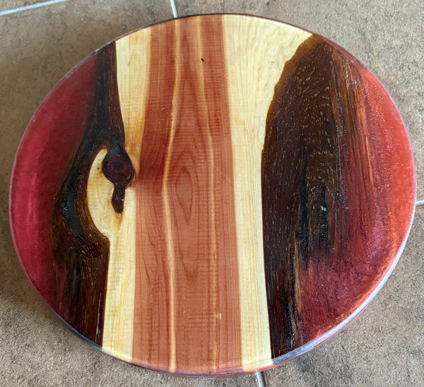 Rotating Cedar Charcuterie Board with Red Epoxy | Table Centerpiece for Kitchen or Dining Room | Lazy Susan with Cedar and Red Epoxy