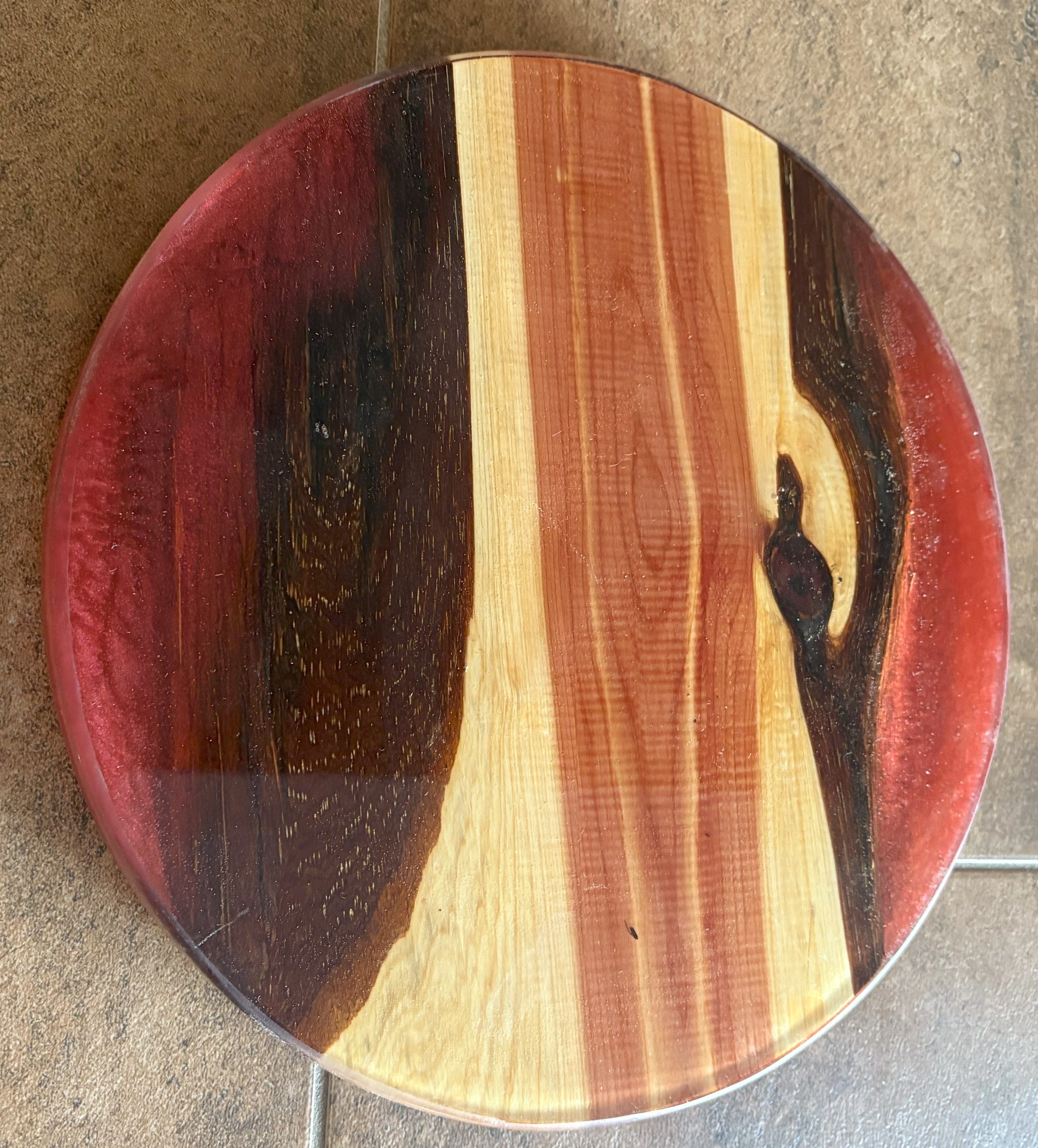 12 Inch Rotating Cedar Charcuterie Board with Red Epoxy | Table Centerpiece for Kitchen or Dining Room | Lazy Susan with Cedar and Red Epoxy