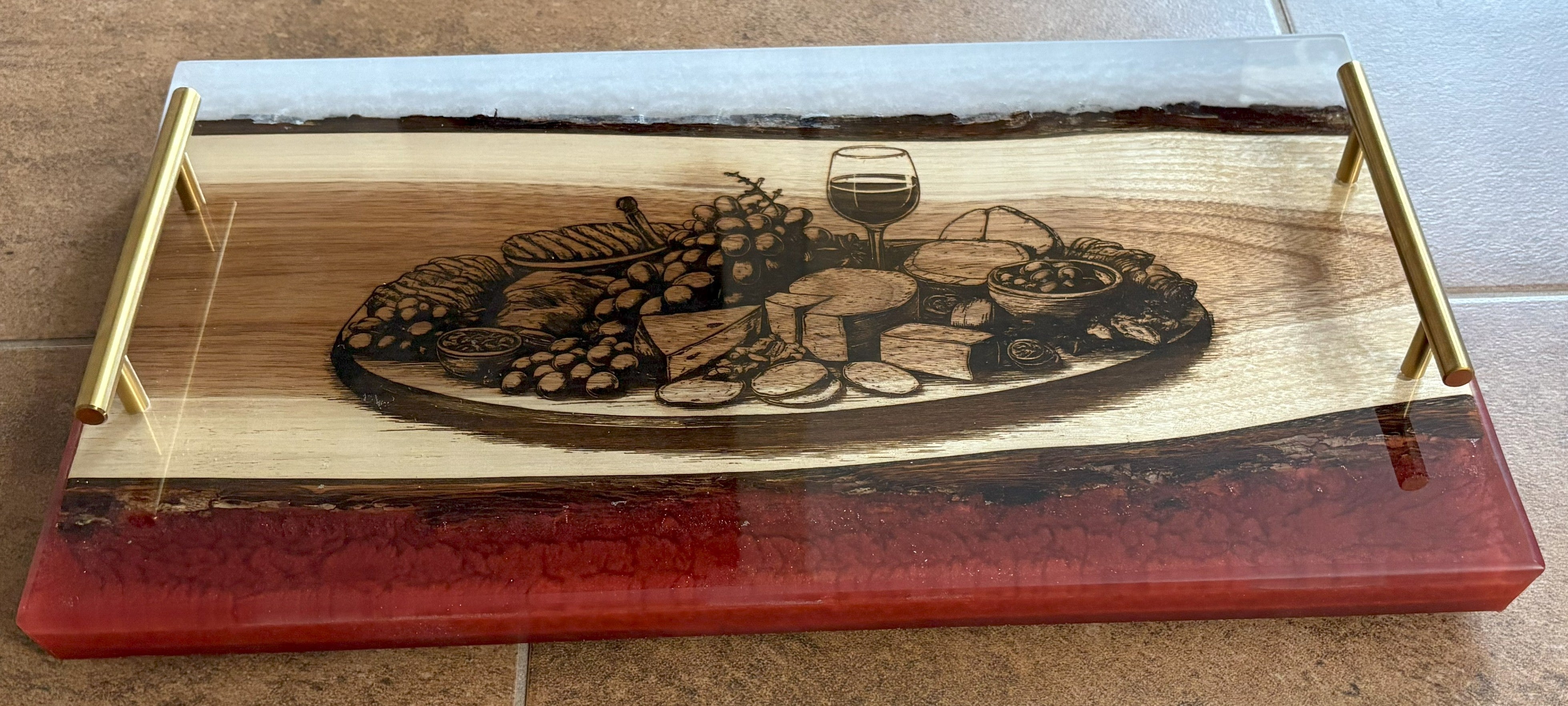 Engraved Charcuterie Board Within Charcuterie Tray | Engraved Tray with Wine Bottle and Charcuterie Contents Embedded in Epoxy Resin