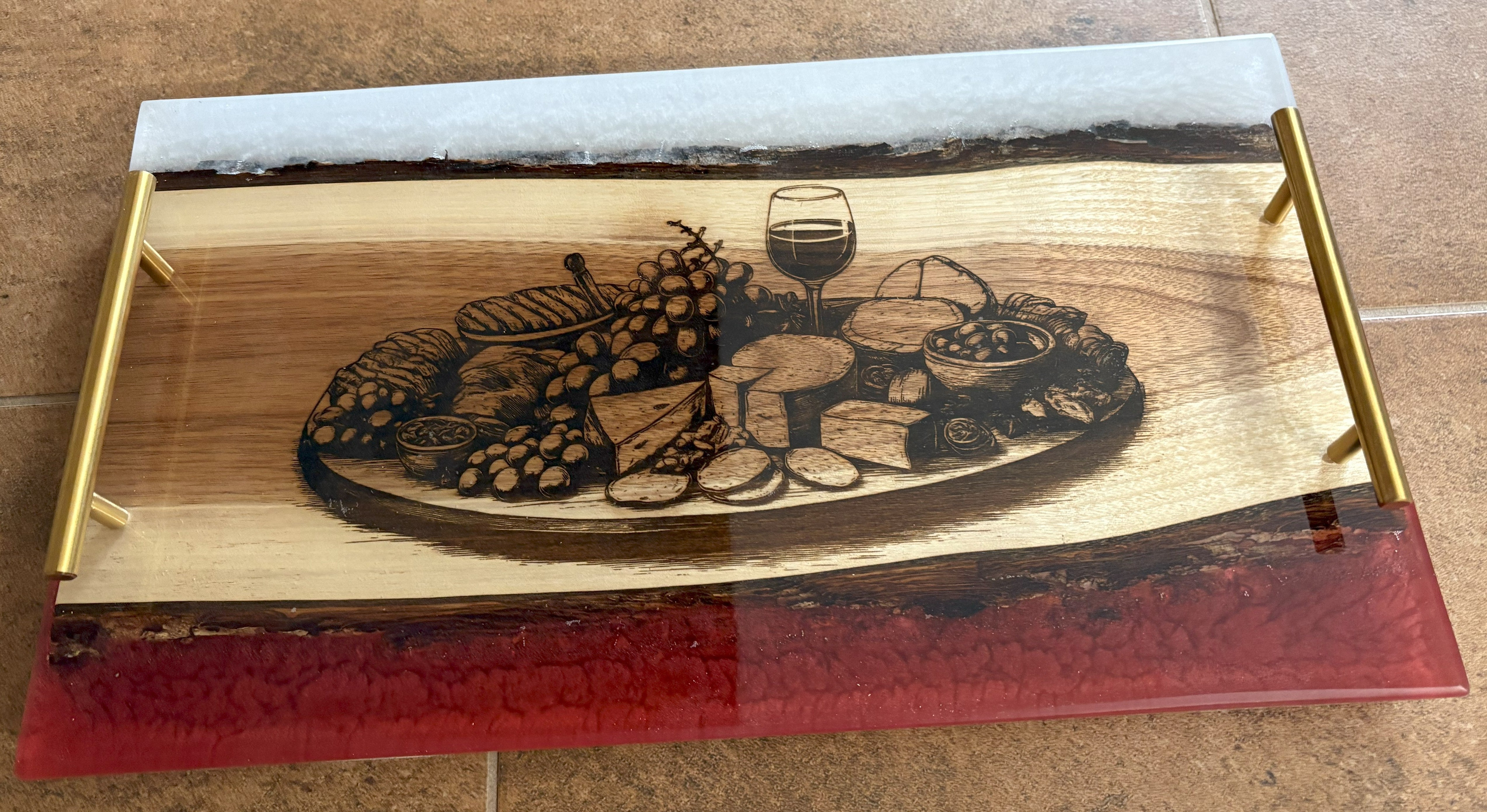 Engraved Charcuterie Board Within Charcuterie Tray | Engraved Tray with Wine Bottle and Charcuterie Contents Embedded in Epoxy Resin