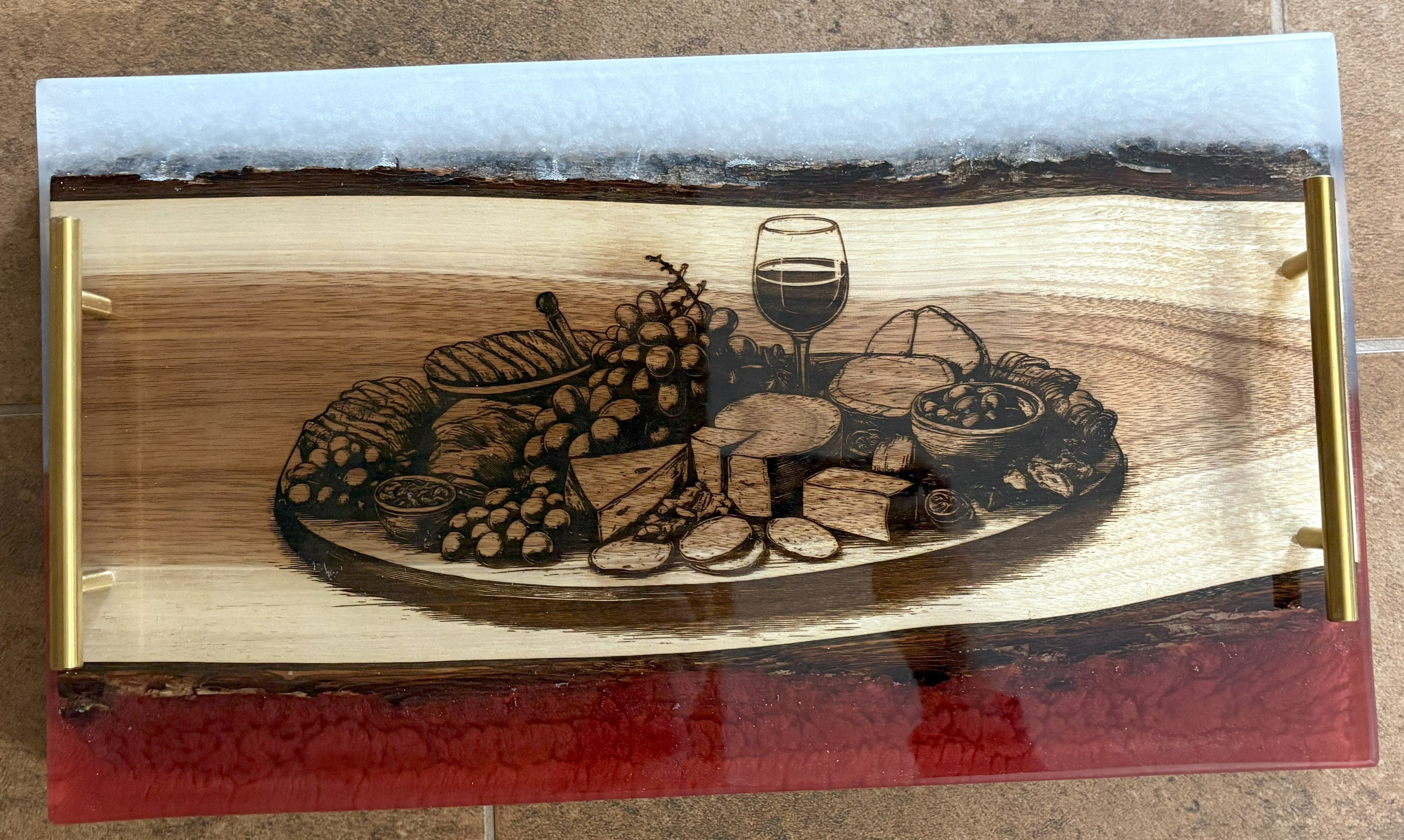 Engraved Charcuterie Board Within Charcuterie Tray | Engraved Tray with Wine Bottle and Charcuterie Contents Embedded in Epoxy Resin