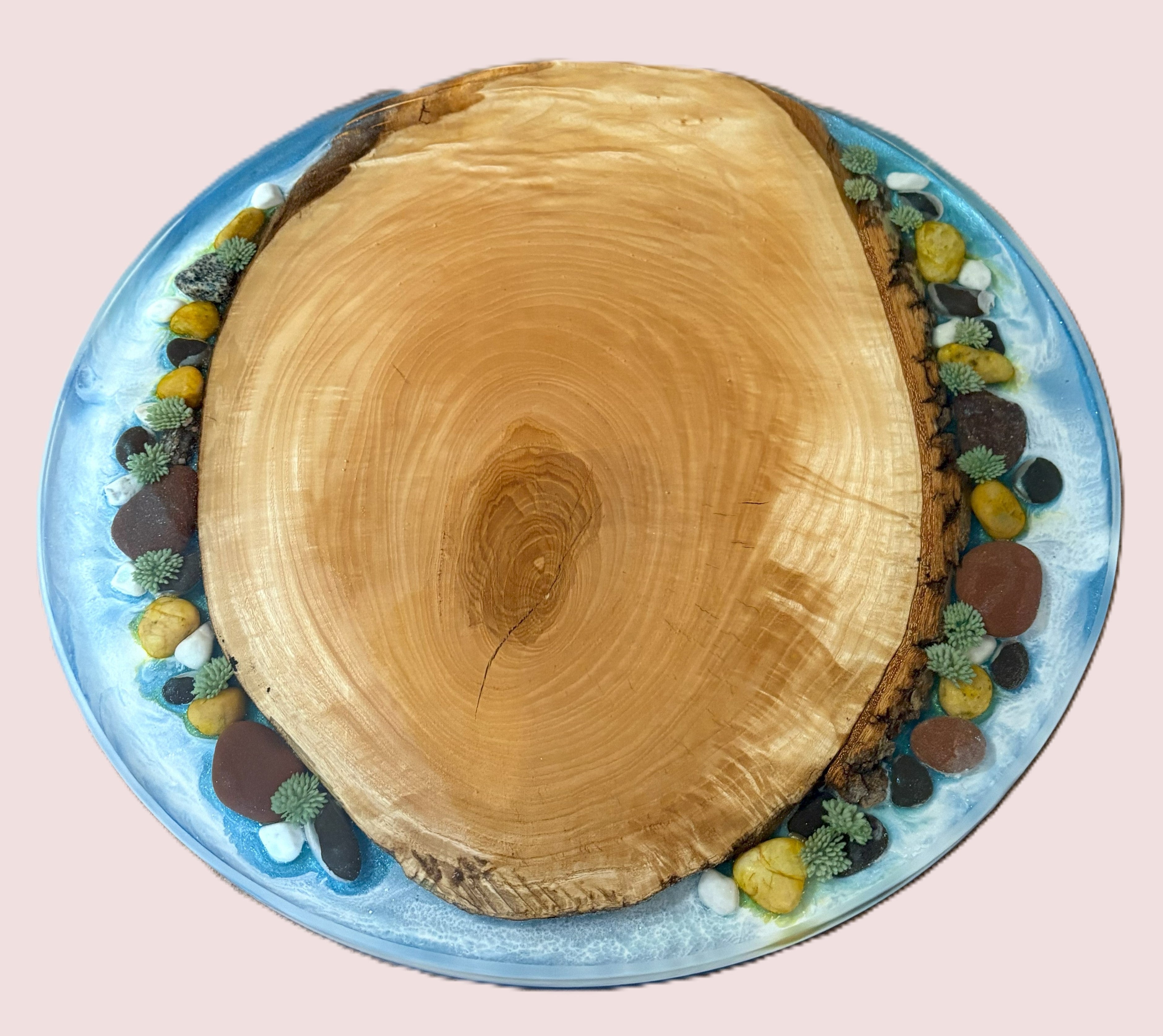 18" Wood & Epoxy Lazy Susan with Epoxy River, River Rocks and Foliage, Rotating Charcuterie Board, Table Centerpiece for Kitchen or Dining Room, Wedding Gift