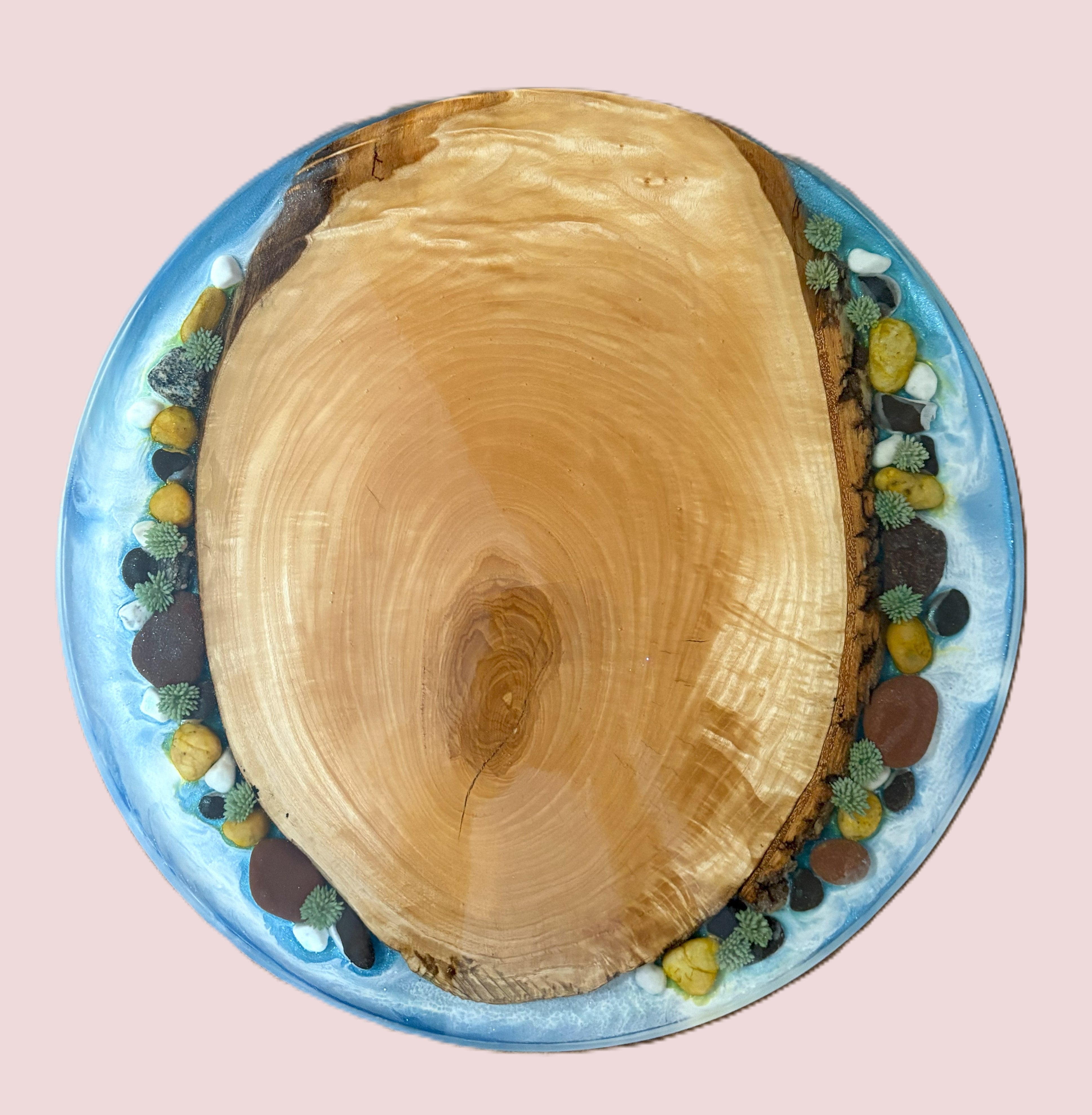 18" Wood & Epoxy Lazy Susan with Epoxy River, River Rocks and Foliage, Rotating Charcuterie Board, Table Centerpiece for Kitchen or Dining Room, Wedding Gift