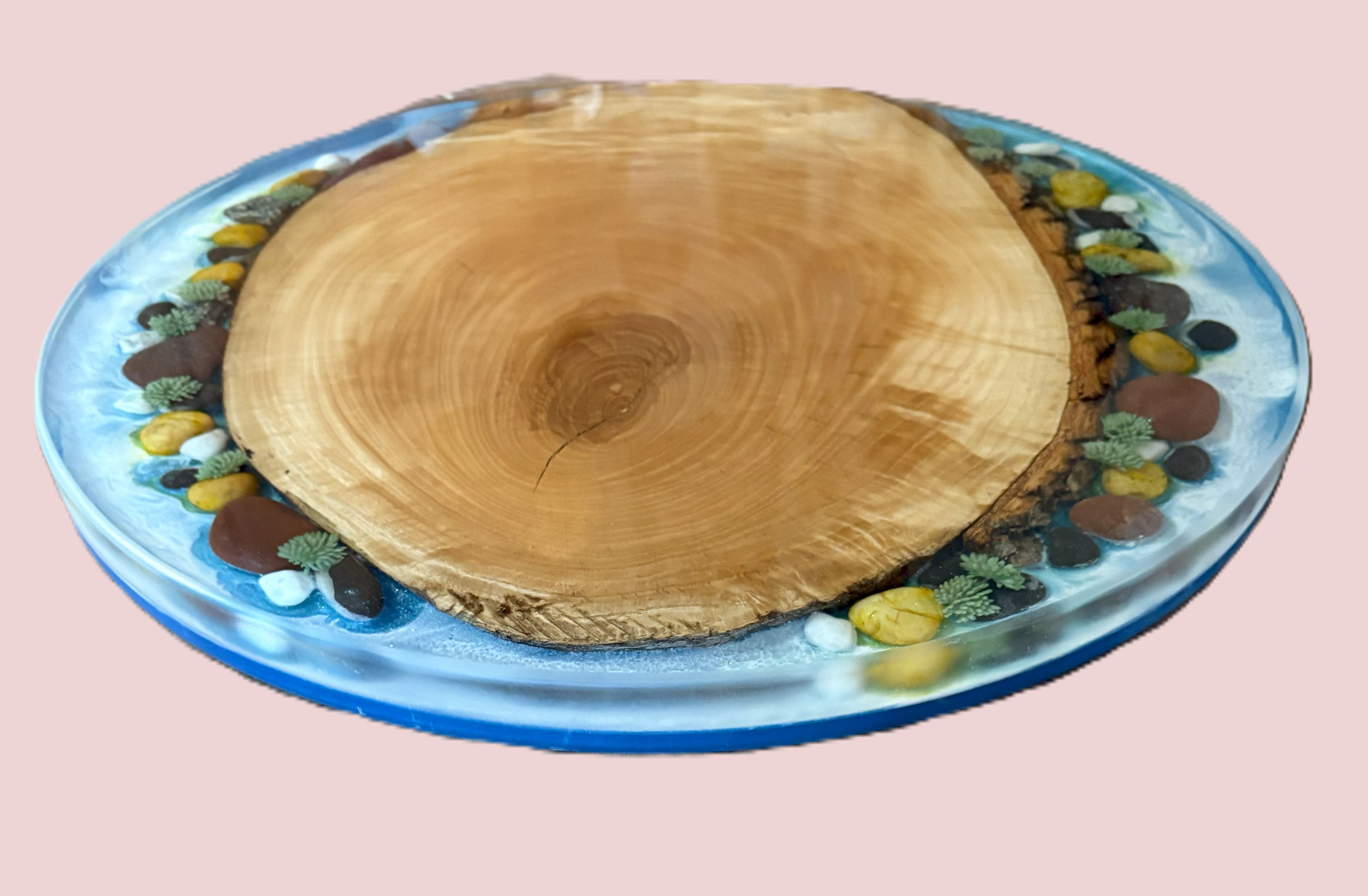 18" Wood & Epoxy Lazy Susan with Epoxy River, River Rocks and Foliage, Rotating Charcuterie Board, Table Centerpiece for Kitchen or Dining Room, Wedding Gift