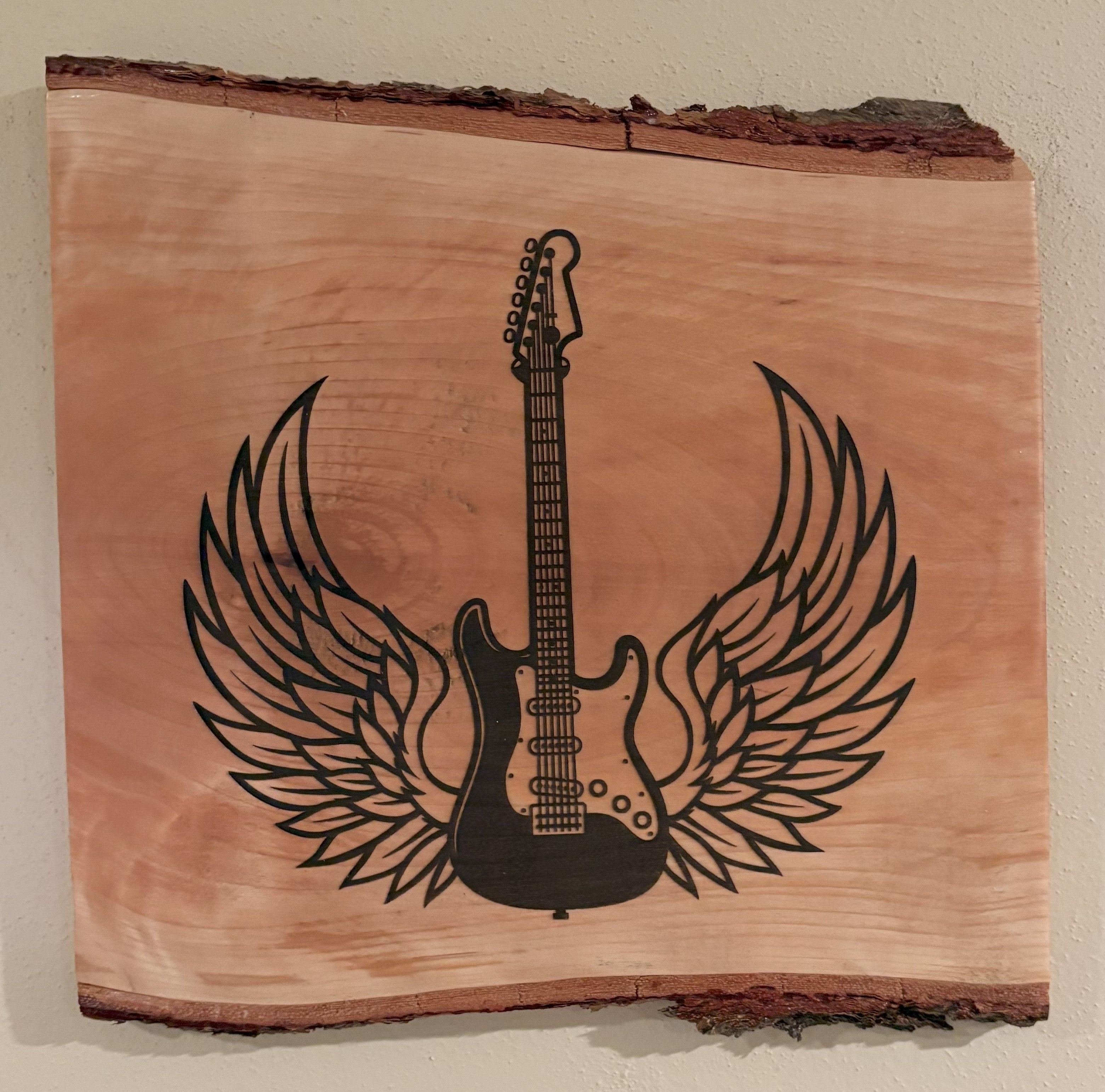 Live Edge Engraved Electric Guitar | Engraved Guitar and Angel Wings | Electric Guitar with Angel Wings Wall Art