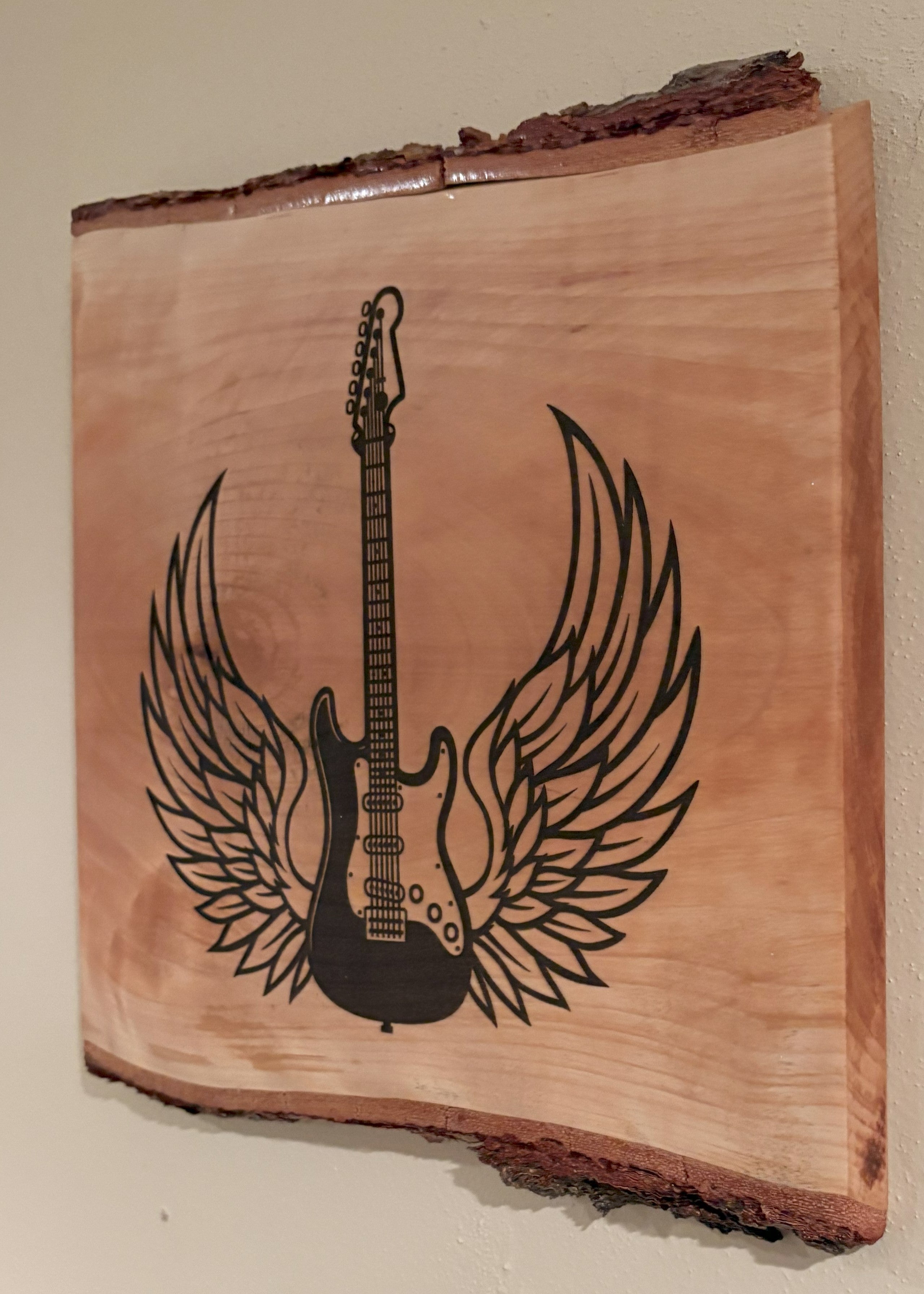 Live Edge Engraved Electric Guitar | Engraved Guitar and Angel Wings | Electric Guitar with Angel Wings Wall Art