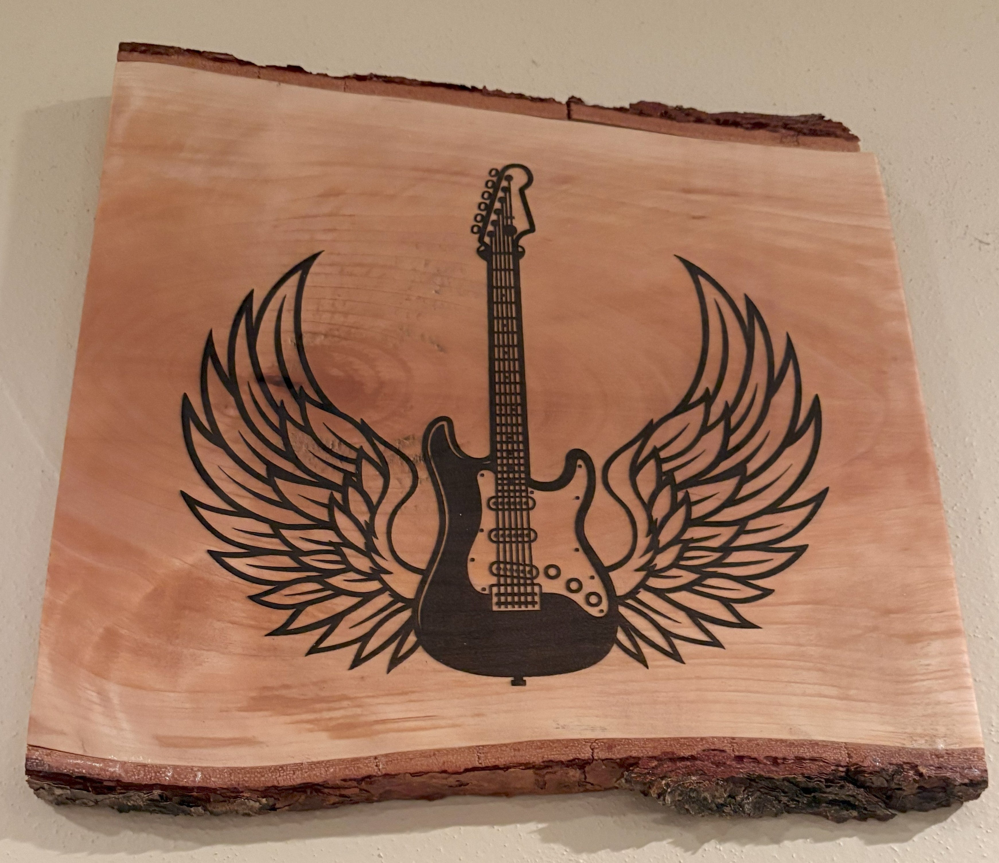 Live Edge Engraved Electric Guitar | Engraved Guitar and Angel Wings | Electric Guitar with Angel Wings Wall Art