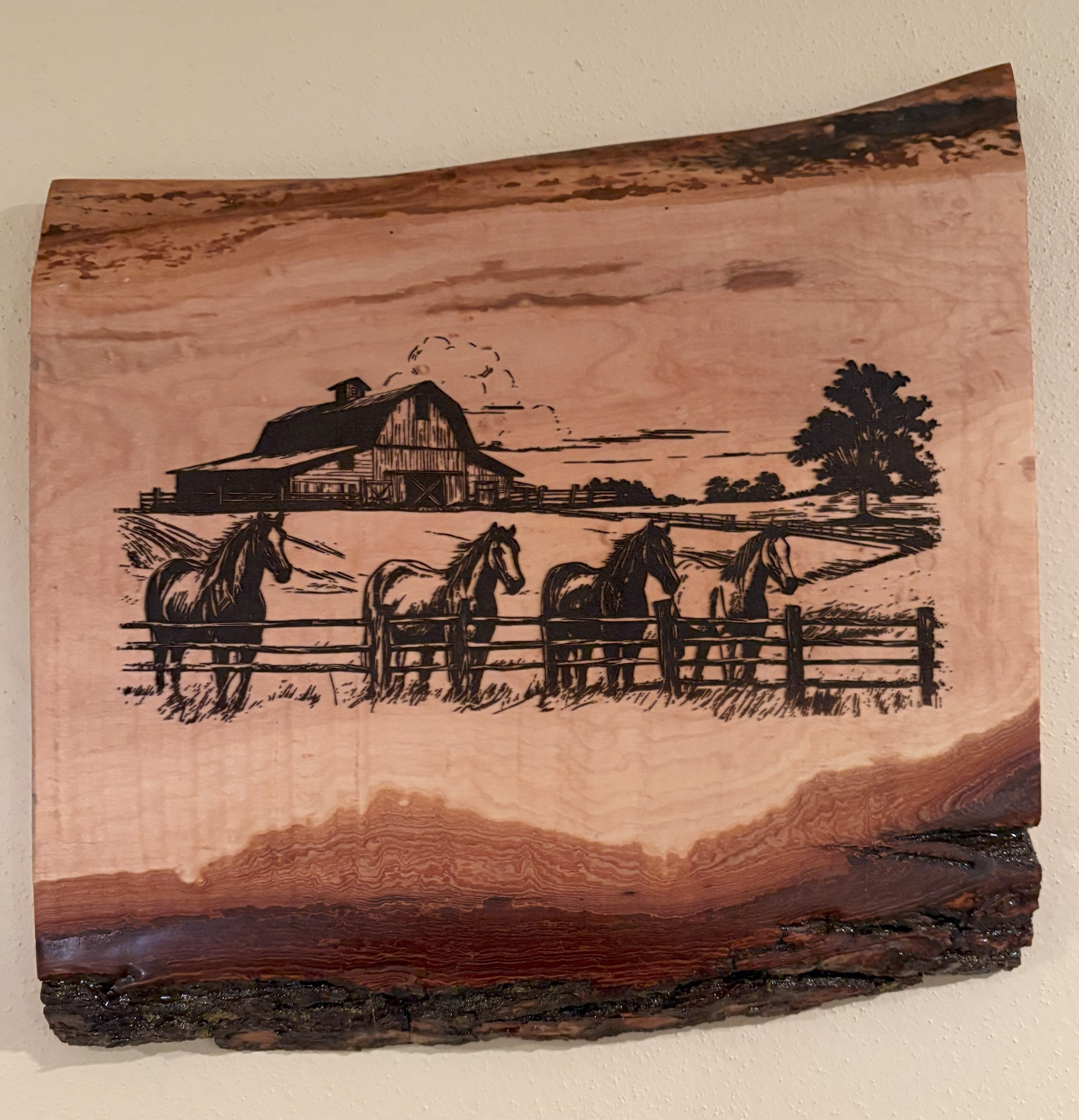 Live Edge Engraved Horses with Barn Scene | Engraved Horse Gift | Engraved Equestrian Wall Art