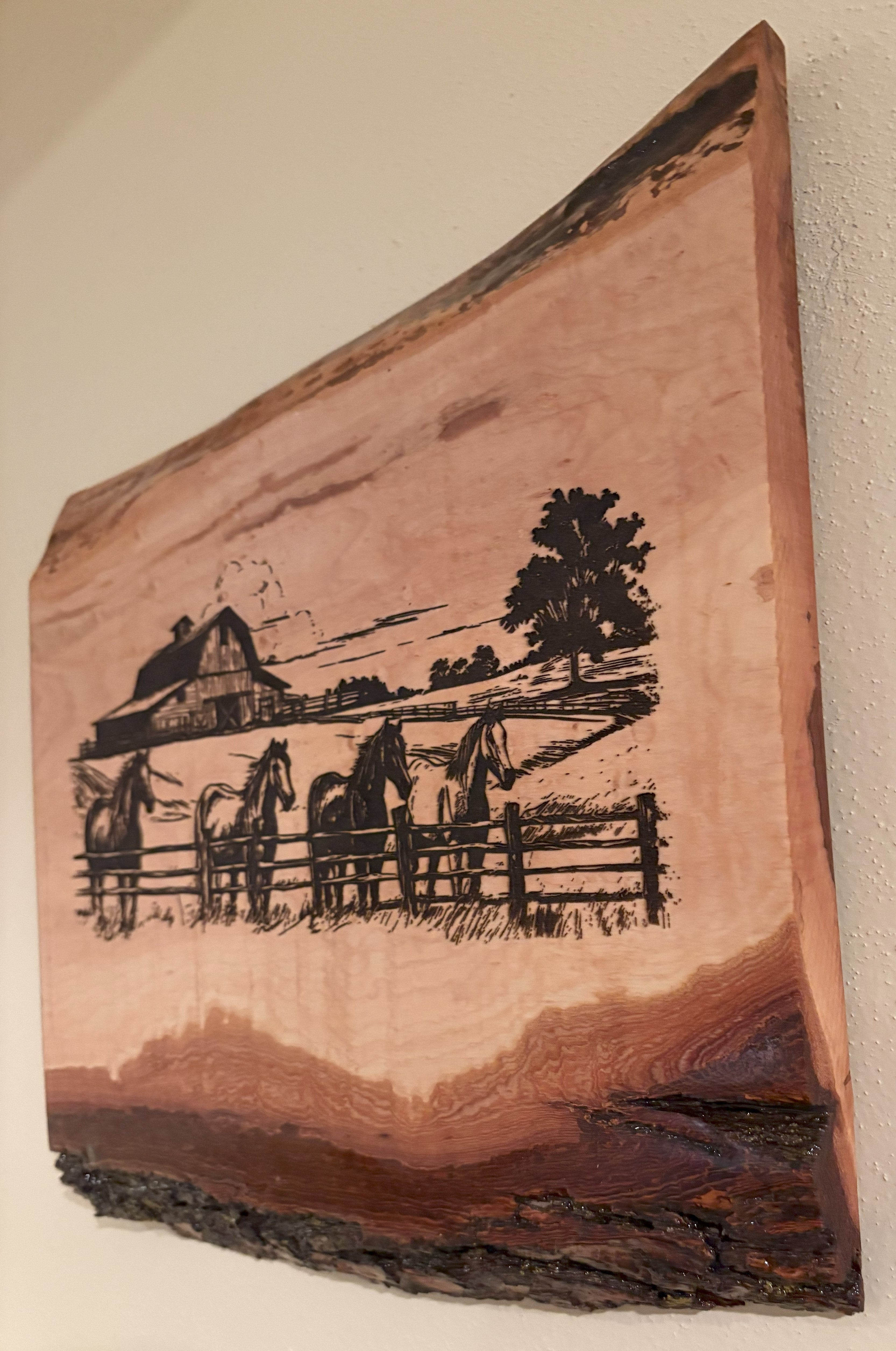 Live Edge Engraved Horses with Barn Scene | Engraved Horse Gift | Engraved Equestrian Wall Art