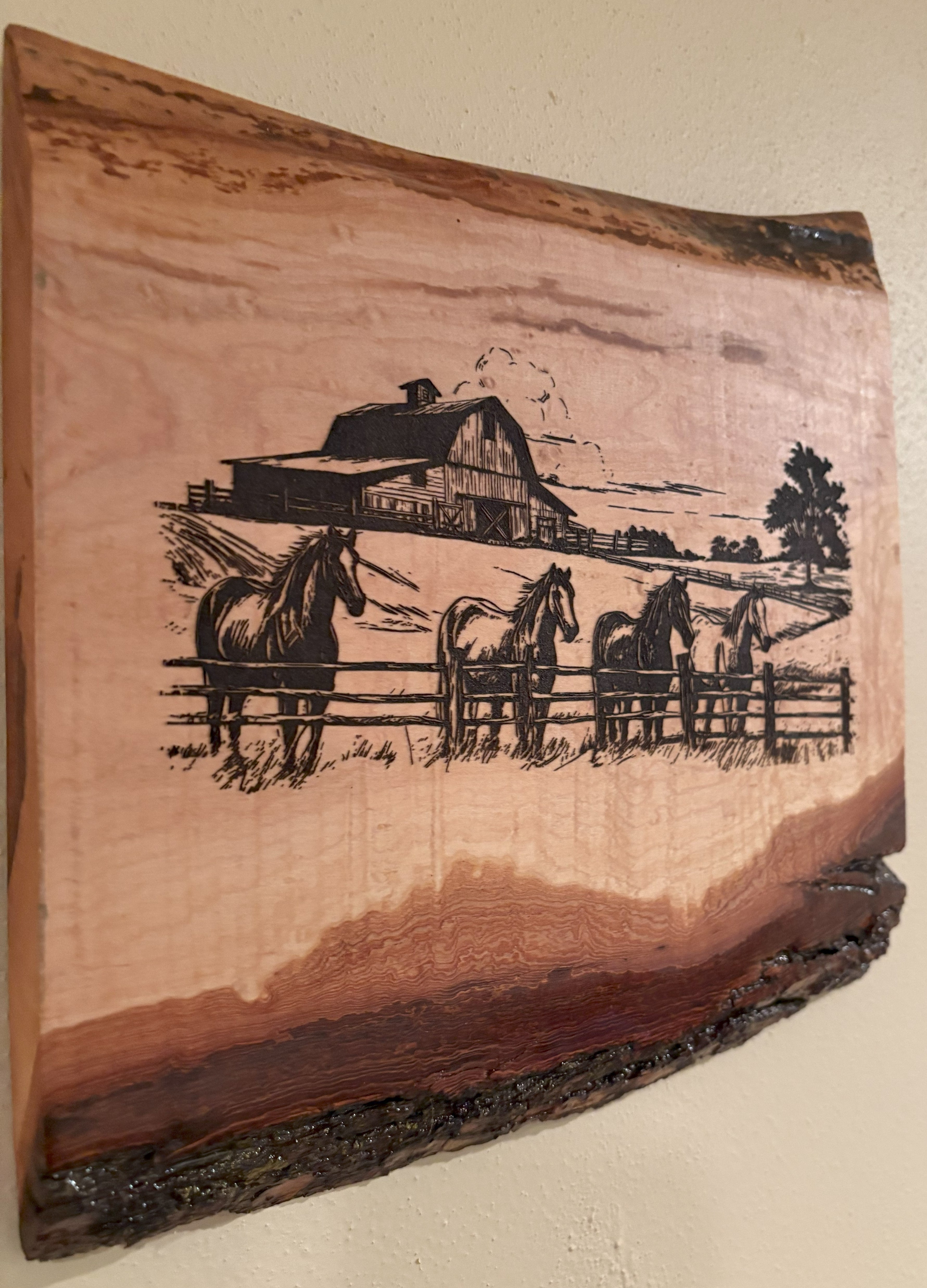 Live Edge Engraved Horses with Barn Scene | Engraved Horse Gift | Engraved Equestrian Wall Art