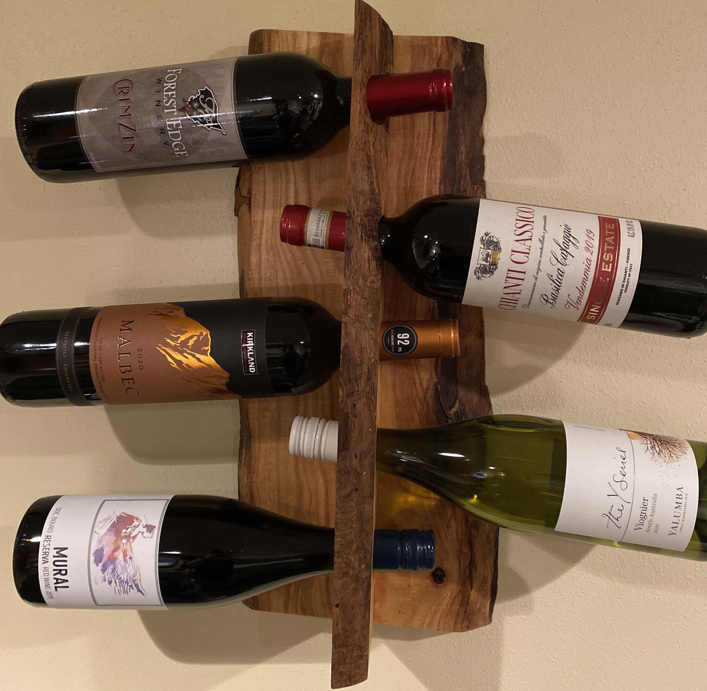 Live Edge Hanging Five Bottle Wine Rack