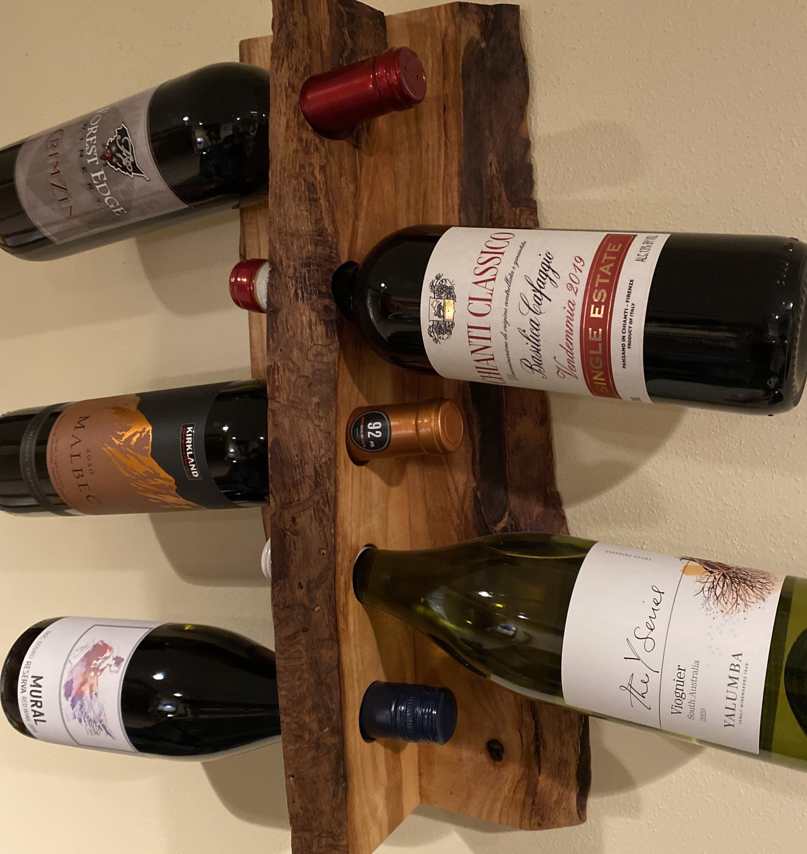 Live Edge Hanging Five Bottle Wine Rack