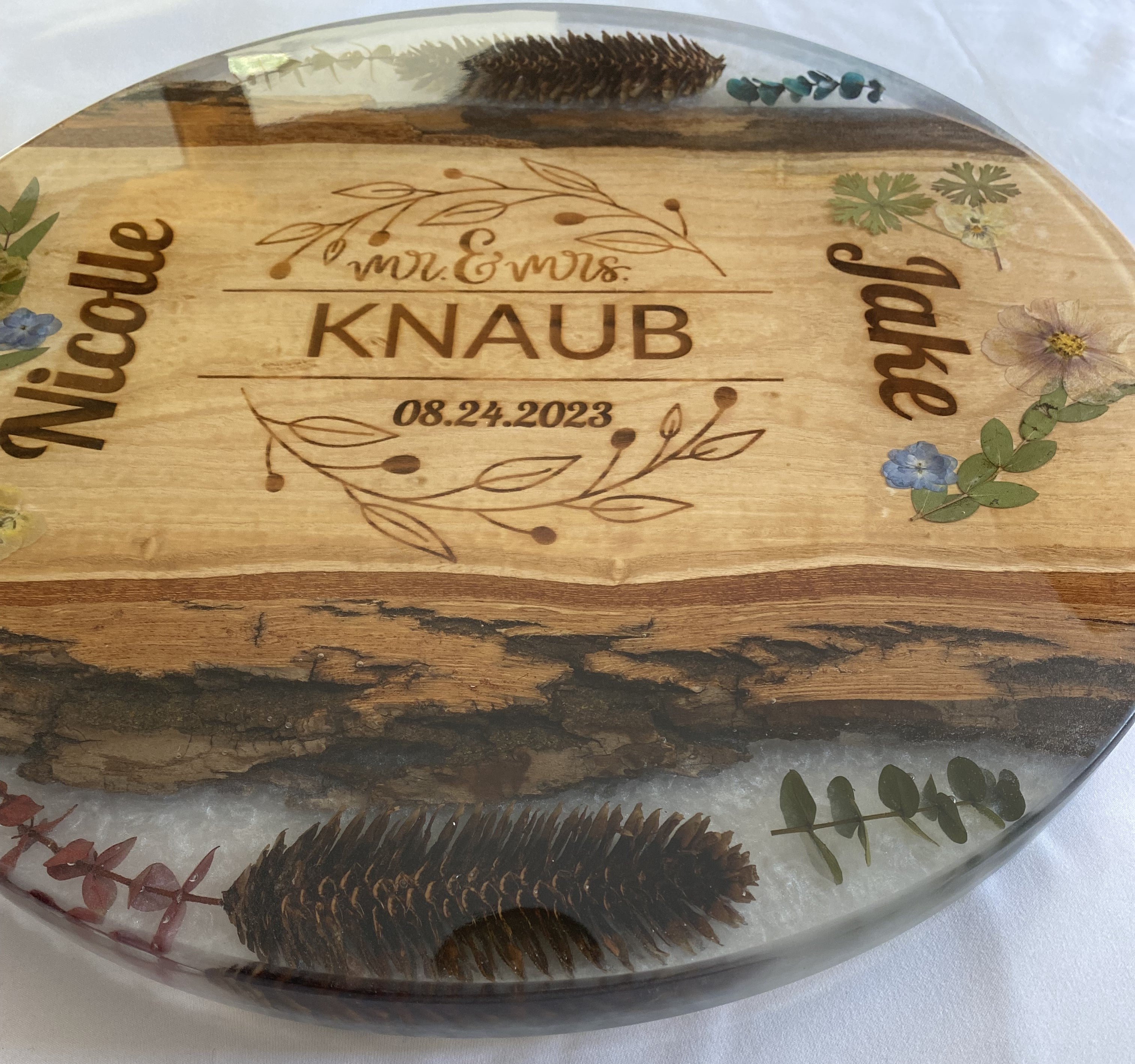 Custom 18" Wedding Tabletop Display with Flower and Pinecone Embeds