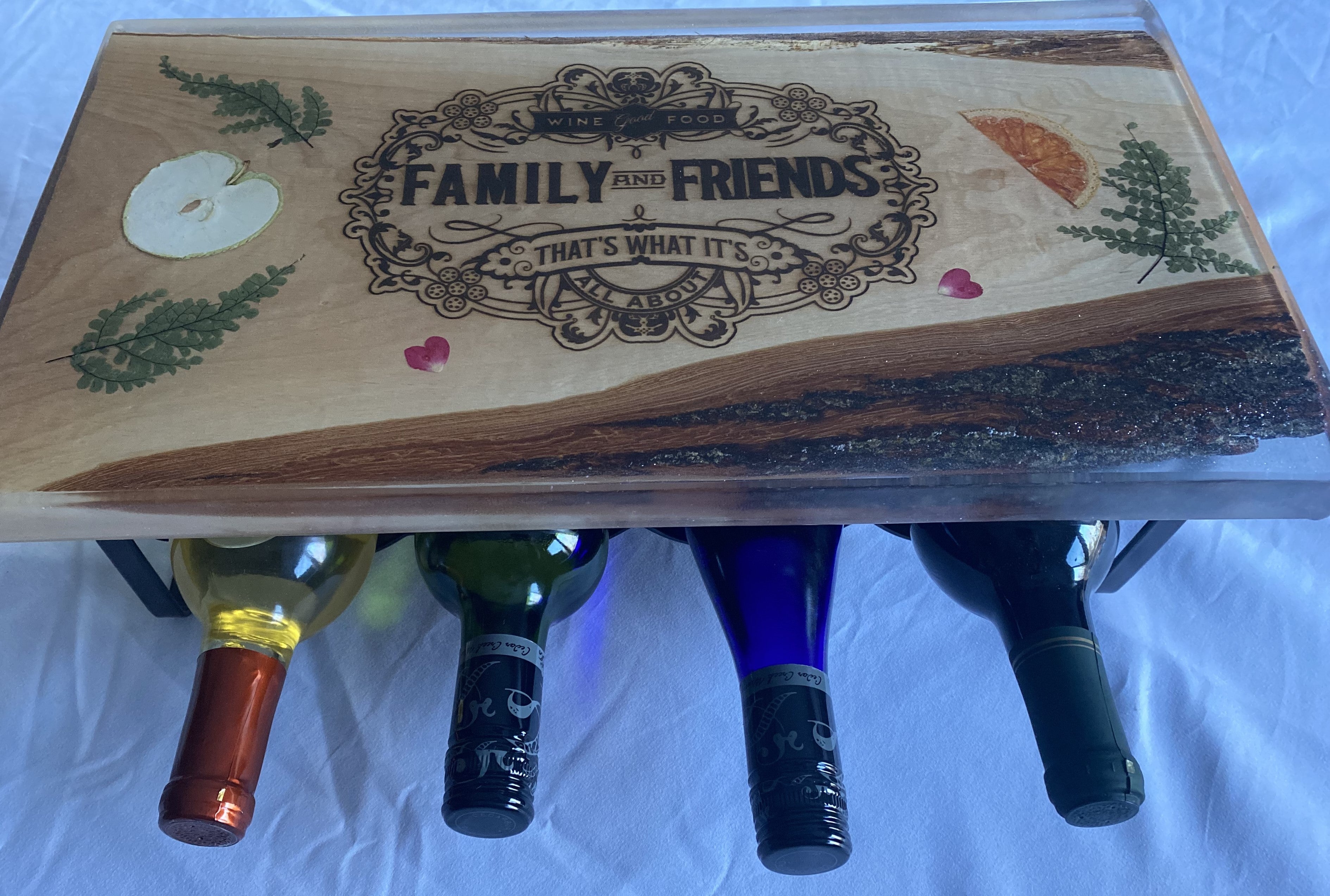 Live Edge Tabletop Four Bottle Wine Rack | Water Scene | River Table Wine Rack | Family and Friends Engraved | Upgradable to Twelve Bottles