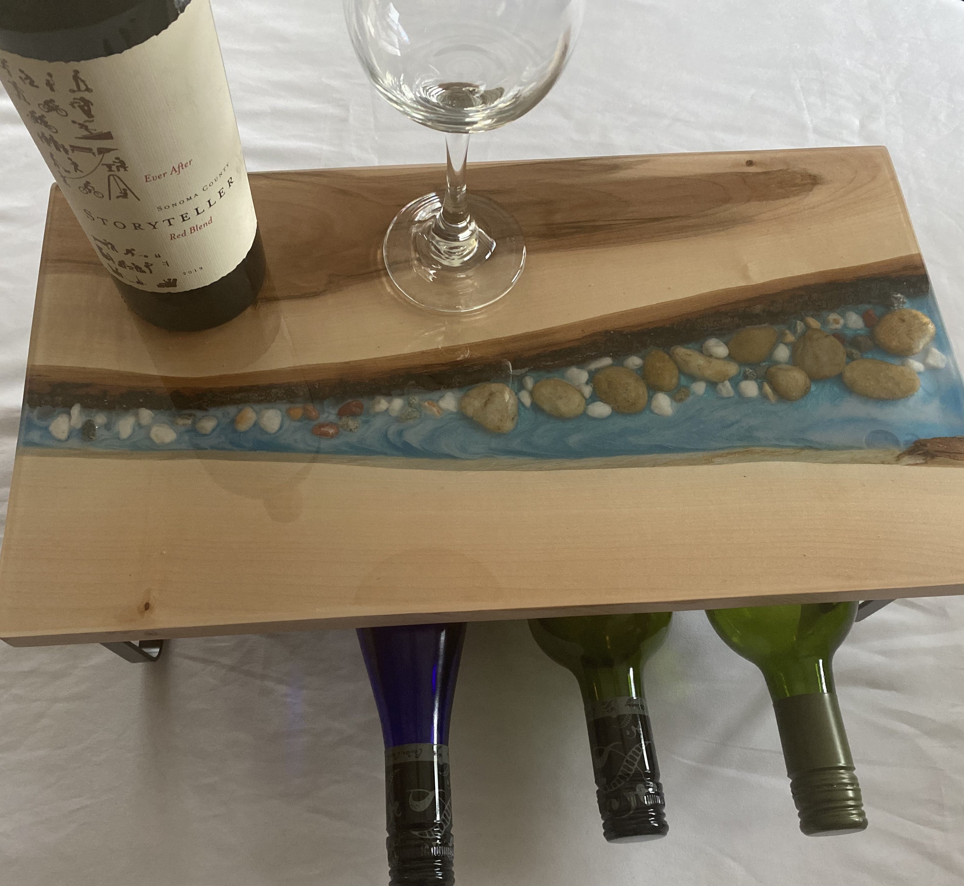 Live Edge Tabletop Four Bottle Wine Rack | Water Scene | River Table Wine Rack | Stackable to Twelve Bottles