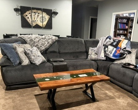 Golf River Table | Live Edge End Table | Artificial Turf Golf Table | Epoxy River Table With Embedded Golf Balls and Golf Tees