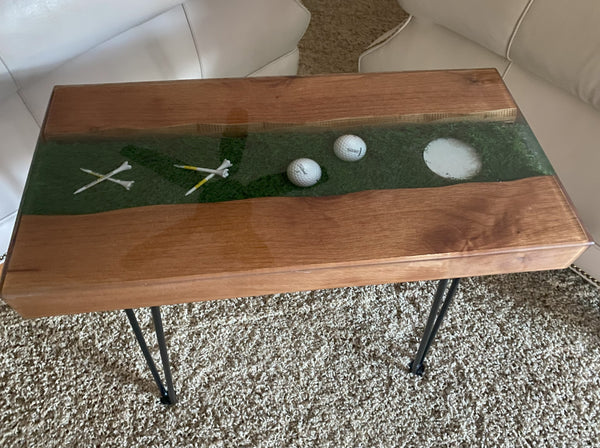 Golf River Table | Live Edge End Table | Artificial Turf Golf Table | Epoxy River Table With Embedded Golf Balls and Golf Tees