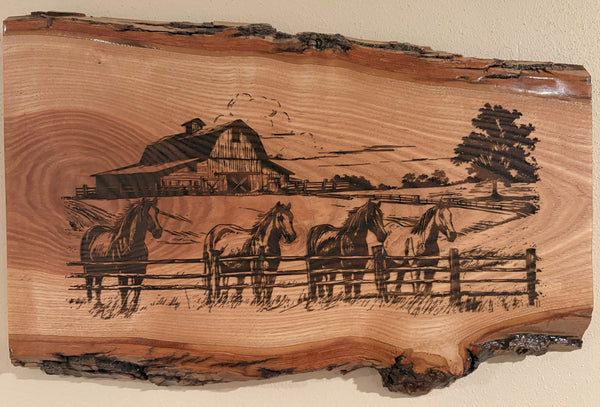 Live Edge Engraved Horses with Barn Scene | Engraved Horse Gift | Engraved Equestrian Wall Art