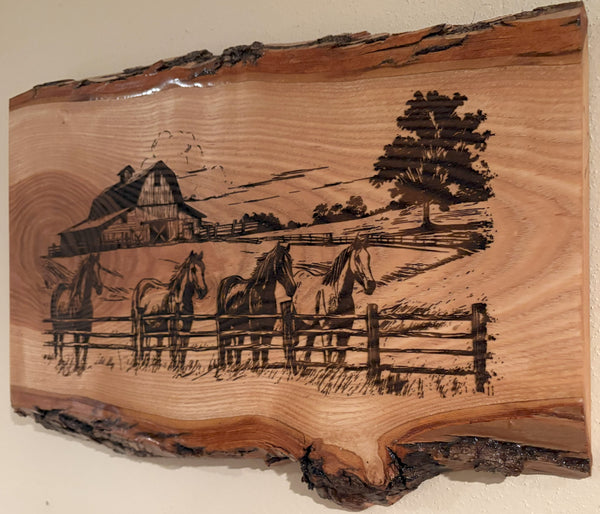 Live Edge Engraved Horses with Barn Scene | Engraved Horse Gift | Engraved Equestrian Wall Art