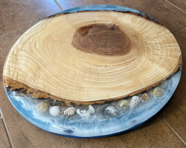 Wood and Epoxy Lazy Susan with Seashells, Sand and Ocean Scene | Rotating Charcuterie Board | Table Centerpiece for Home | Serving Tray
