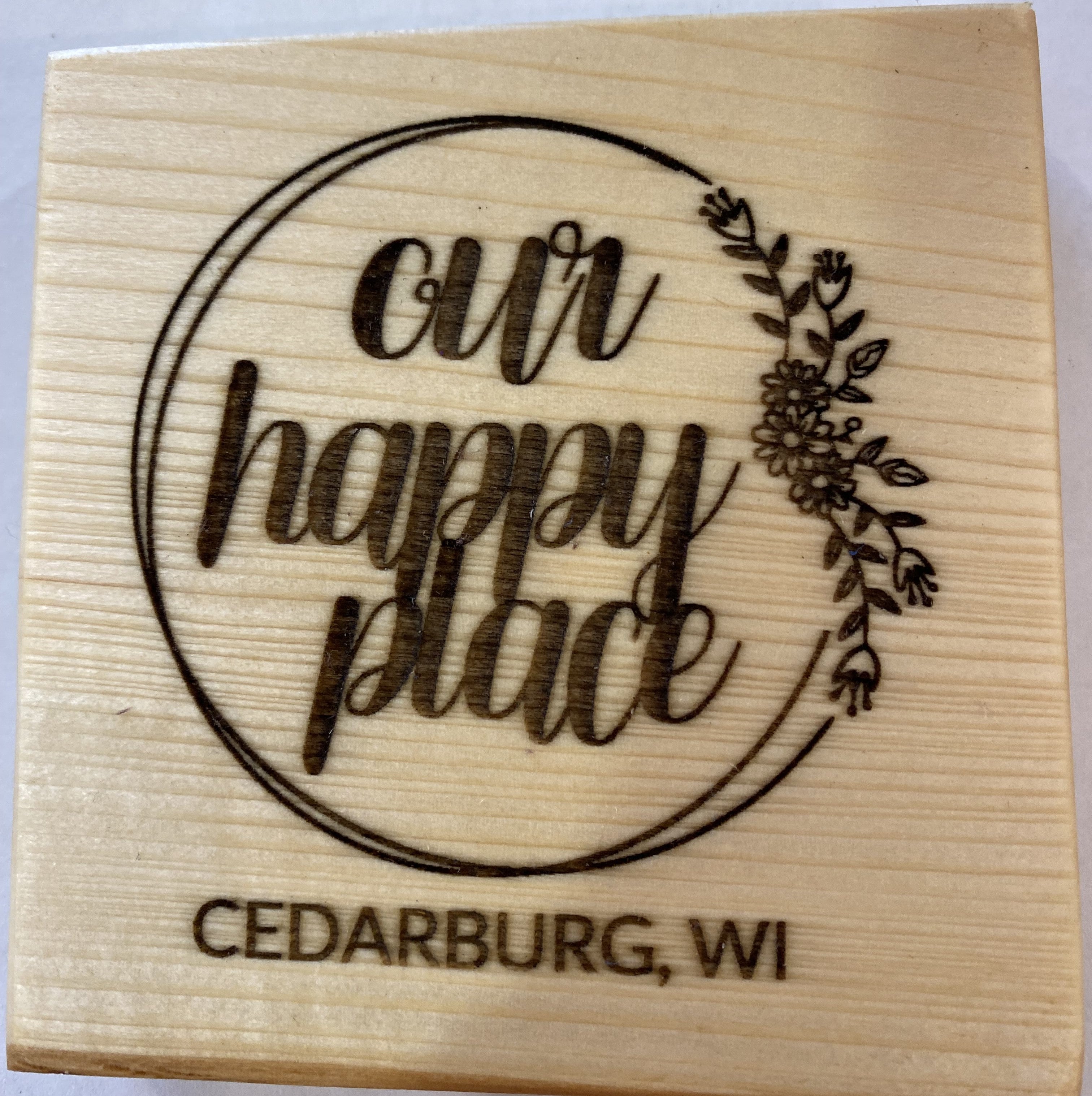 Custom 4" x 4" Our Happy Place Wood Coasters - Use Your Location