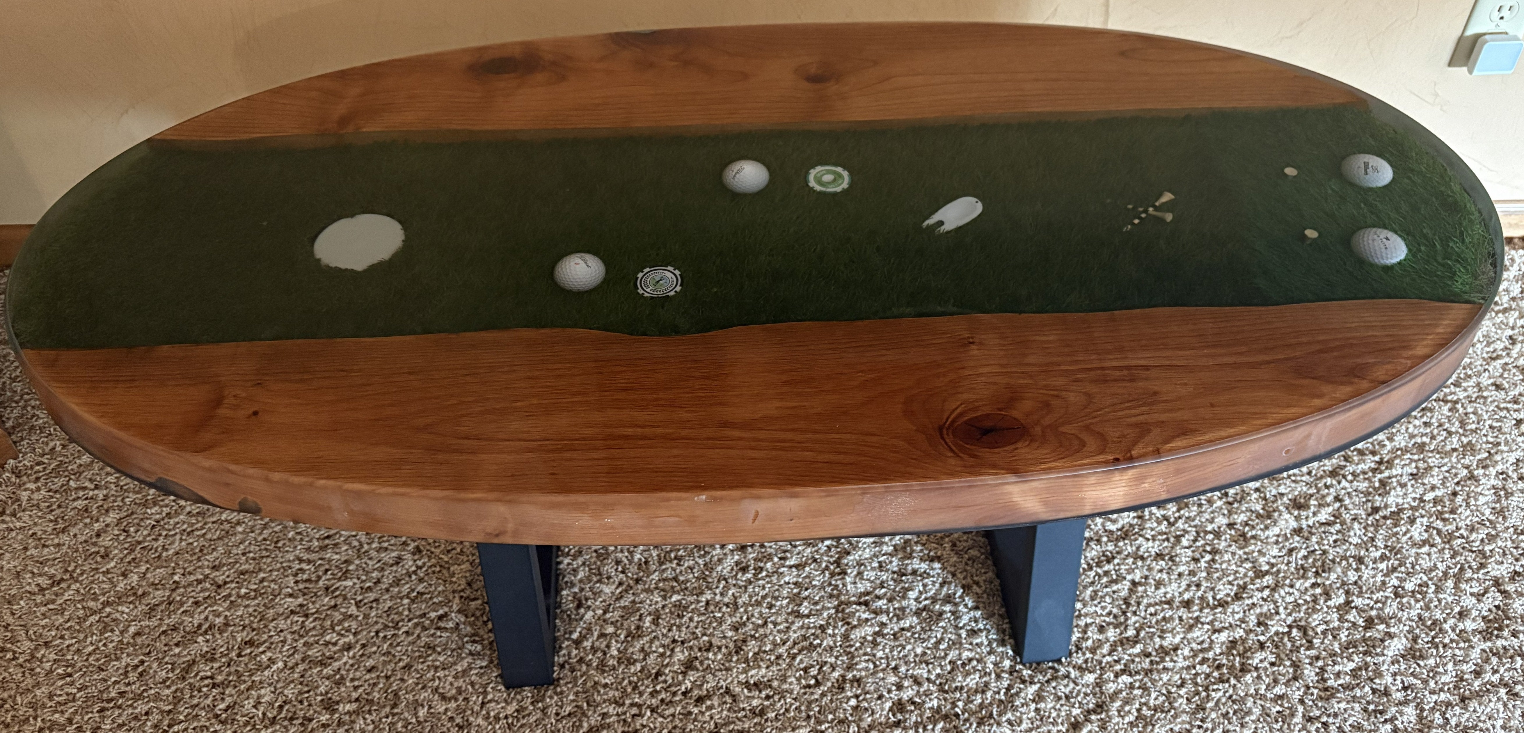Golf River Table | Live Edge End Table | Artificial Turf Golf Table | Epoxy River Table With Embedded Golf Balls and Golf Tees