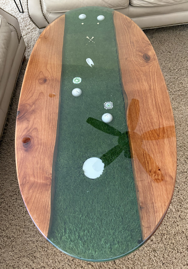 Golf River Table | Live Edge End Table | Artificial Turf Golf Table | Epoxy River Table With Embedded Golf Balls and Golf Tees
