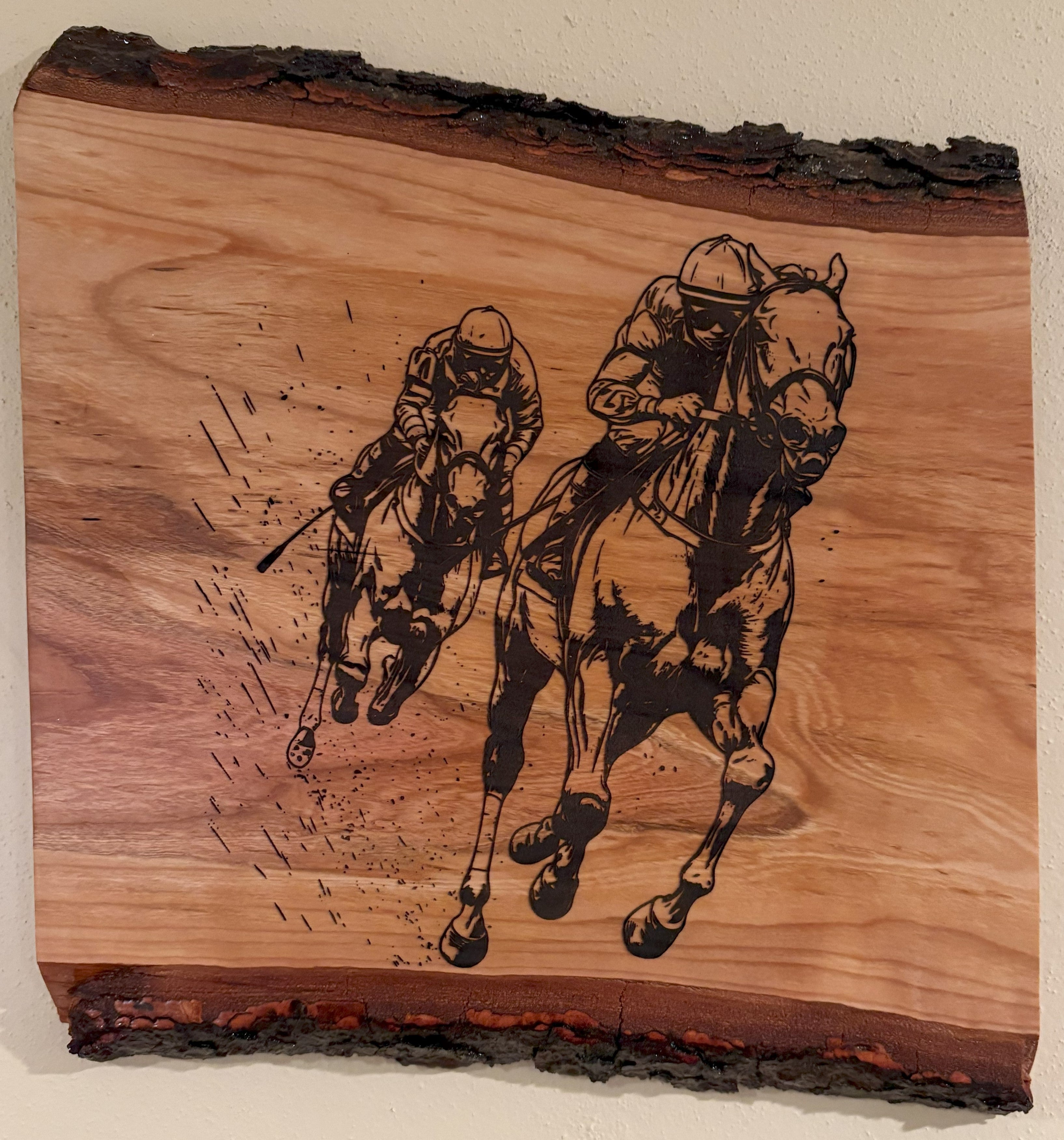 Live Edge Engraved Horse Scene | Engraved Horse Gift | Equestrian Wall Art | Horse Racing