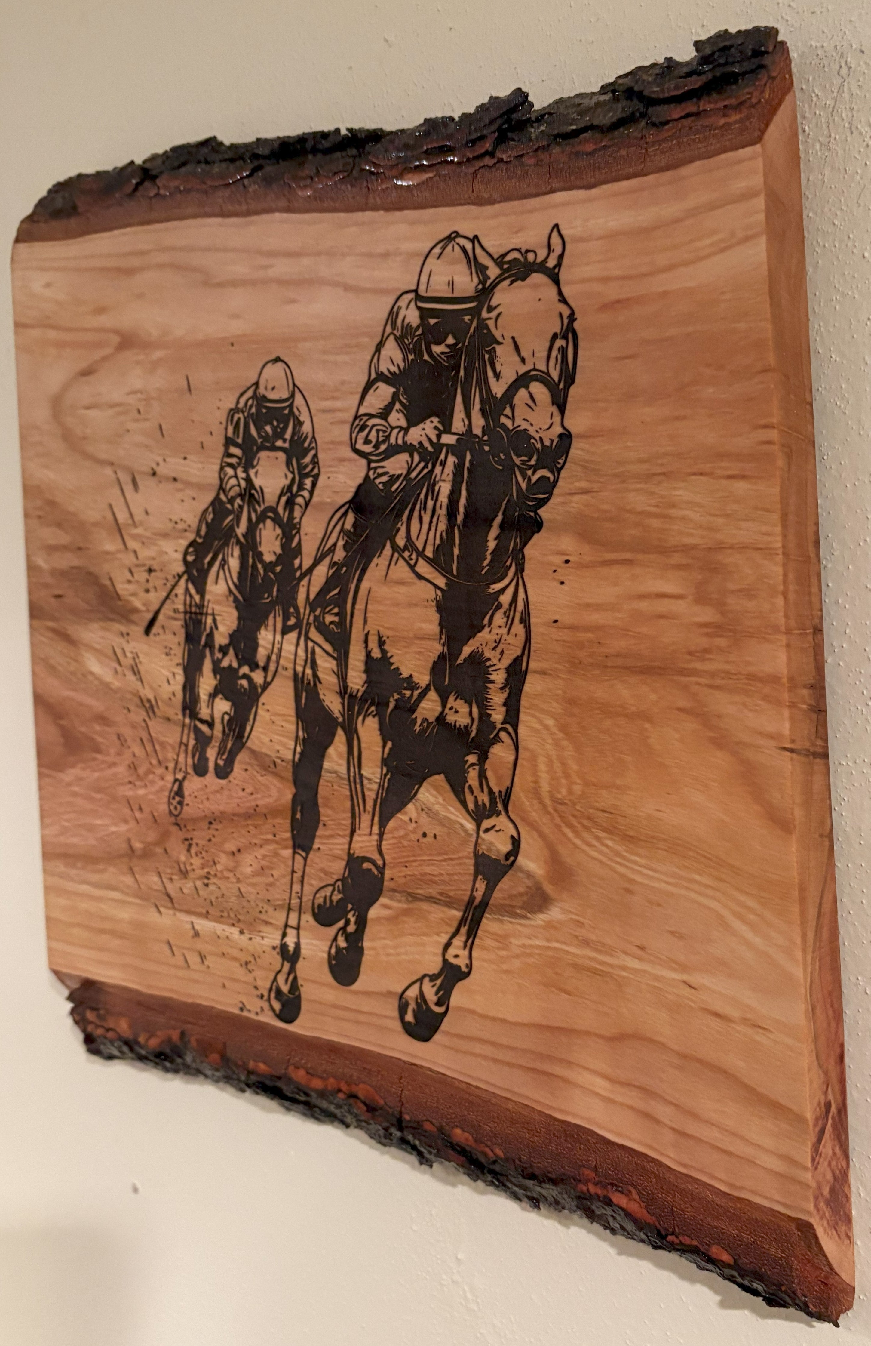 Live Edge Engraved Horse Scene | Engraved Horse Gift | Equestrian Wall Art | Horse Racing