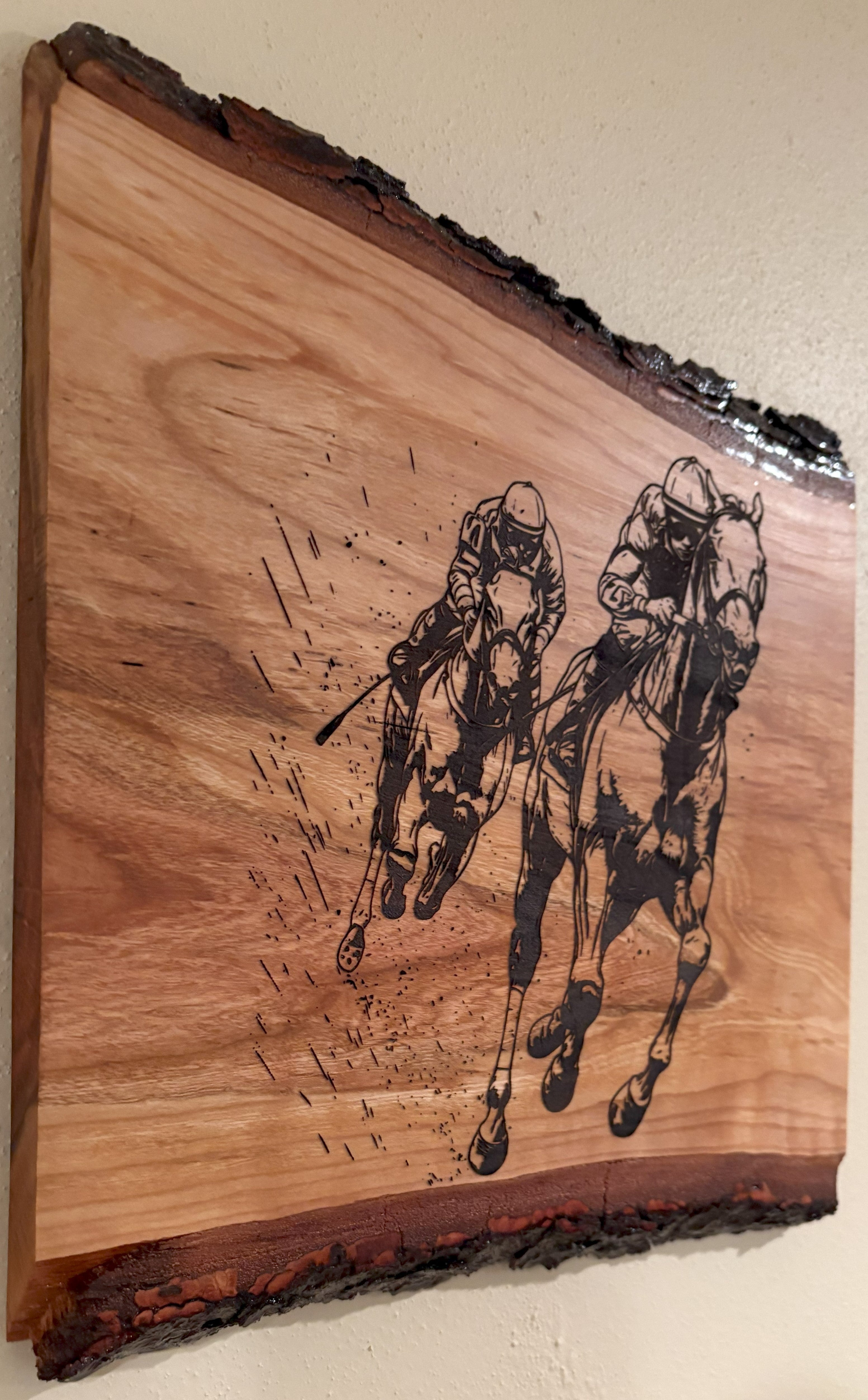 Live Edge Engraved Horse Scene | Engraved Horse Gift | Equestrian Wall Art | Horse Racing