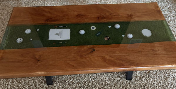 Golf River Table | Live Edge End Table | Artificial Turf Golf Table | Epoxy River Table With Embedded Golf Balls and Golf Tees