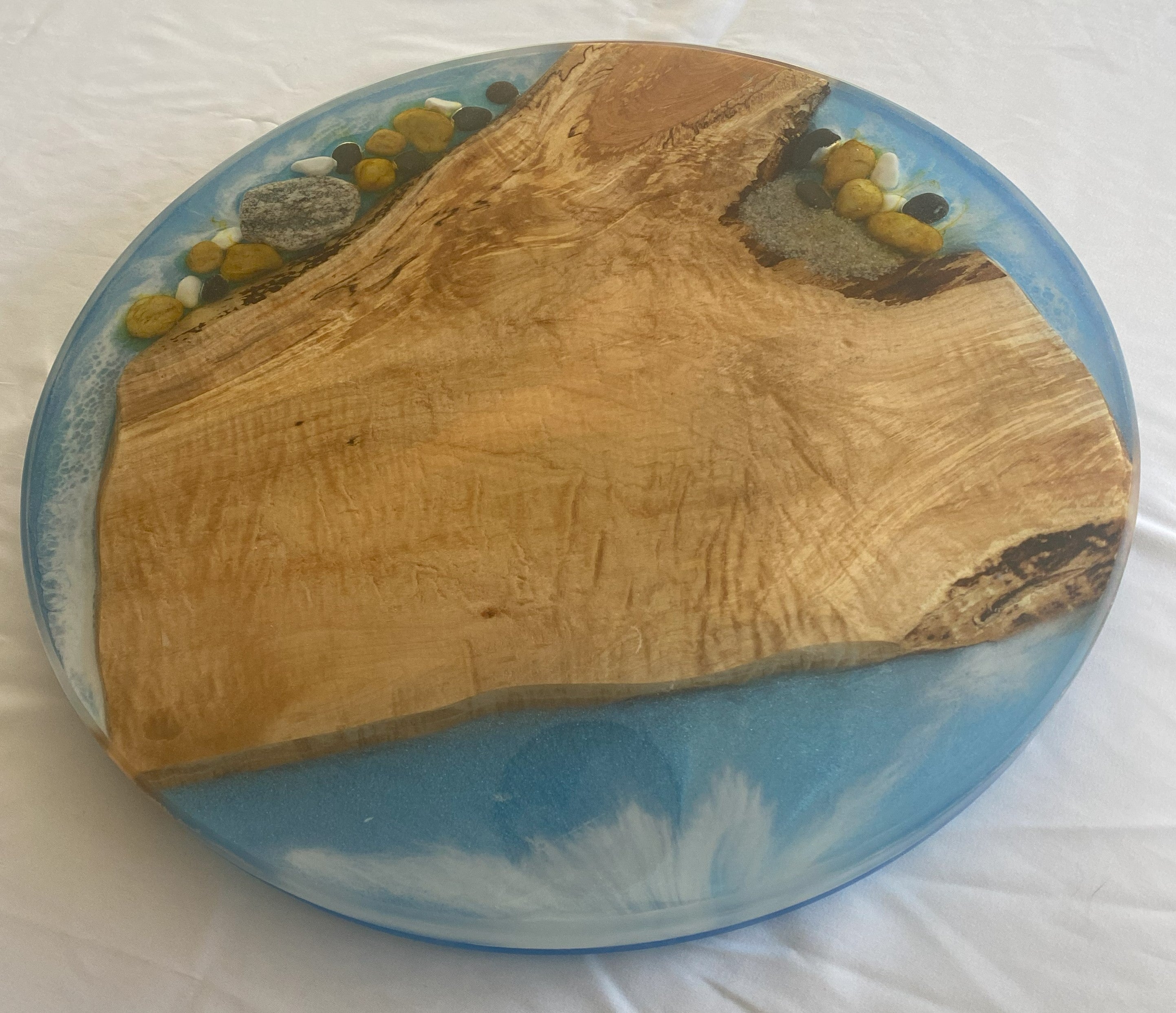 18" Wood & Epoxy Lazy Susan with Epoxy River, River Rocks and Sand, Rotating Charcuterie Board, Table Centerpiece for Kitchen or Dining Room, Wedding Gift