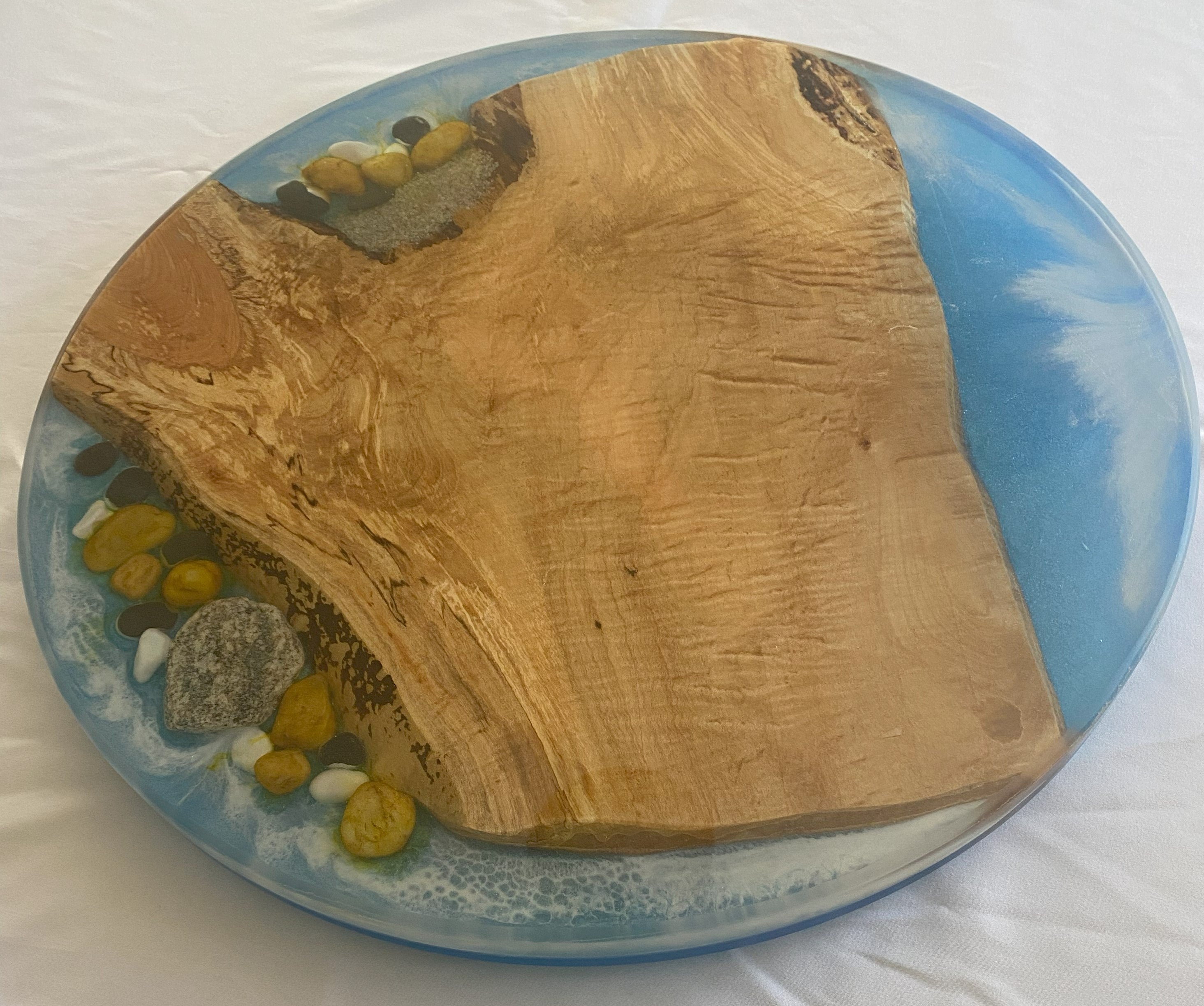 18" Wood & Epoxy Lazy Susan with Epoxy River, River Rocks and Sand, Rotating Charcuterie Board, Table Centerpiece for Kitchen or Dining Room, Wedding Gift