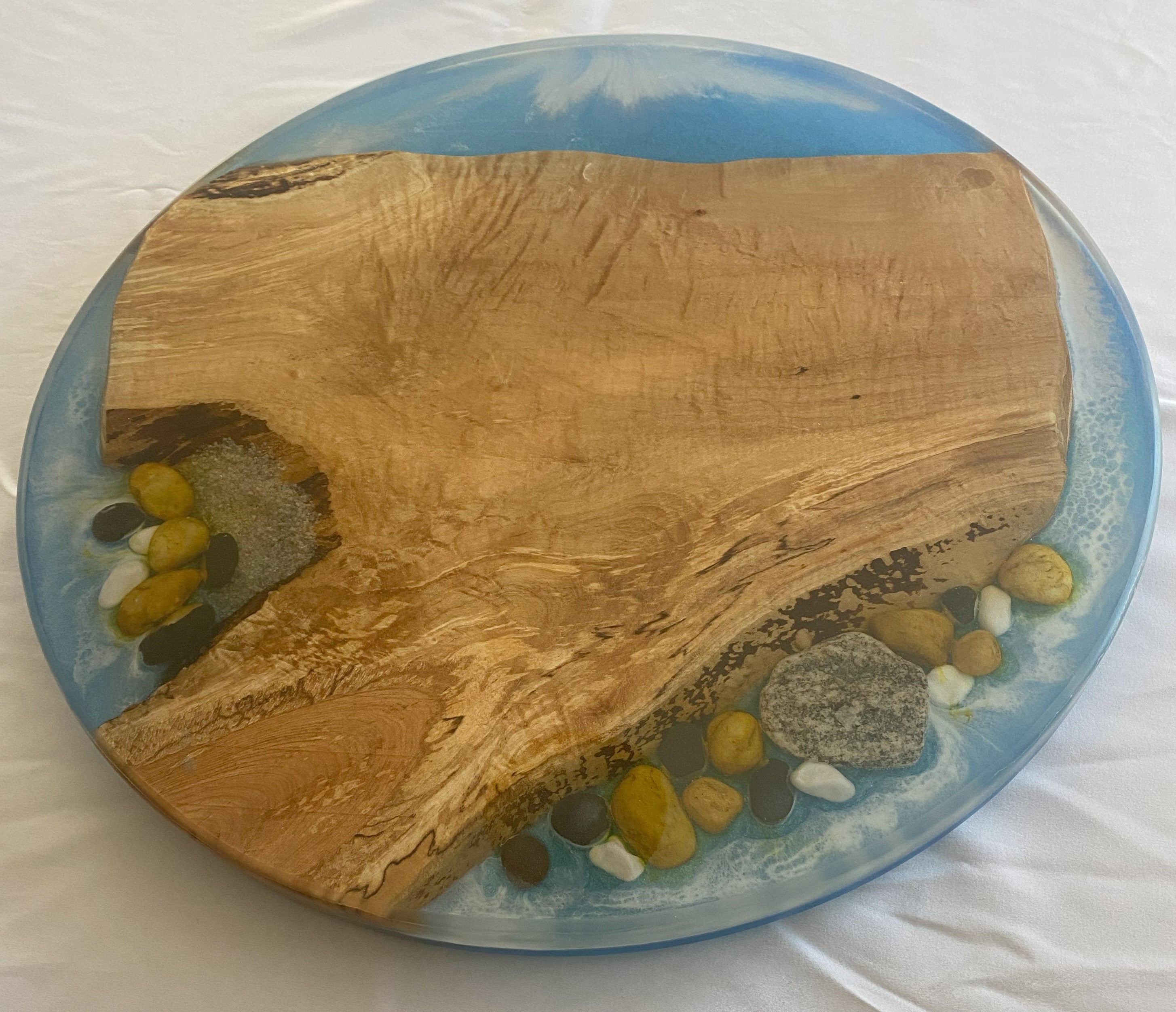 18" Wood & Epoxy Lazy Susan with Epoxy River, River Rocks and Sand, Rotating Charcuterie Board, Table Centerpiece for Kitchen or Dining Room, Wedding Gift