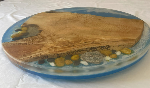 18" Wood & Epoxy Lazy Susan with Epoxy River, River Rocks and Foliage, Rotating Charcuterie Board, Table Centerpiece for Kitchen or Dining Room, Wedding Gift