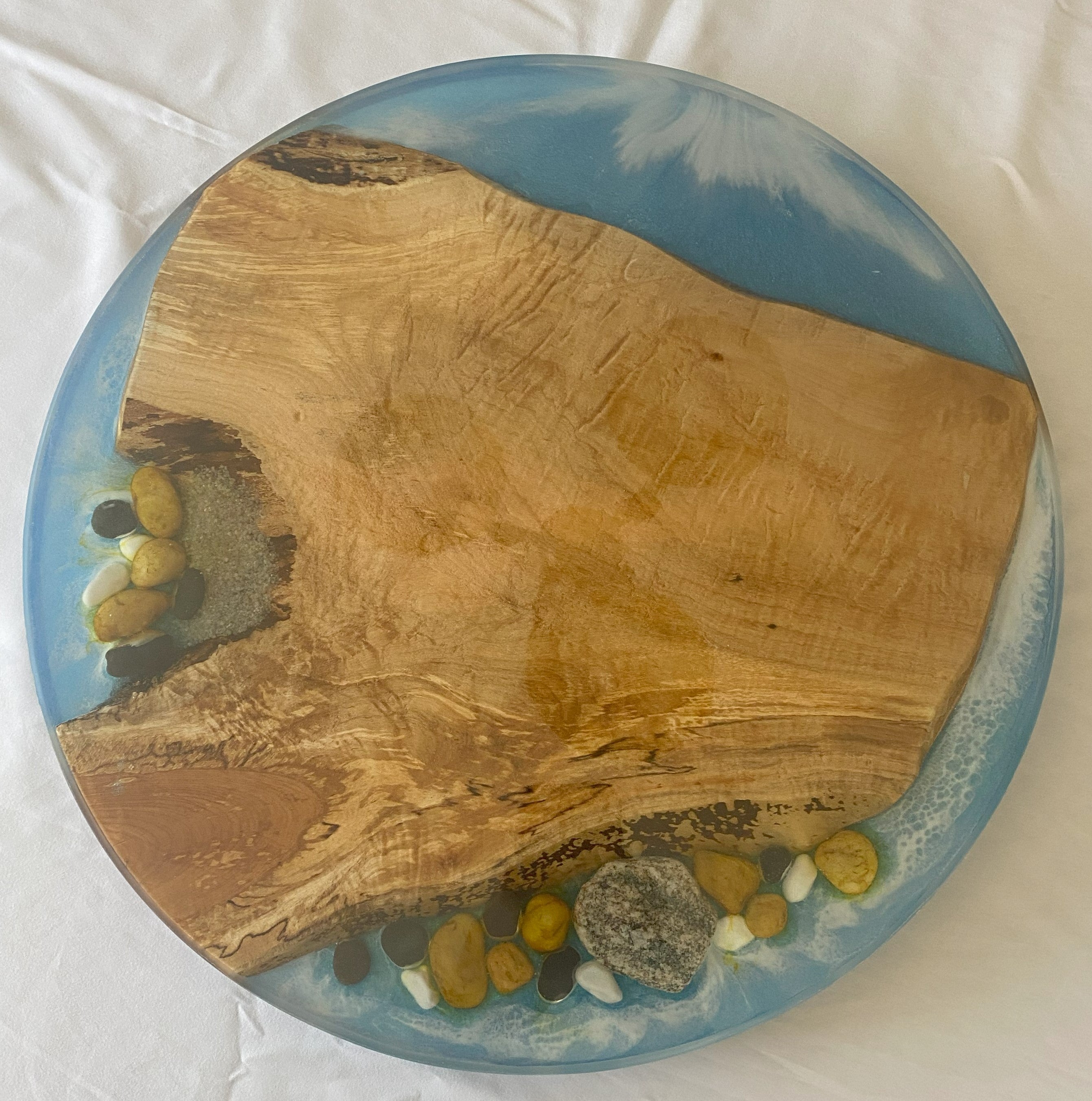 18" Wood & Epoxy Lazy Susan with Epoxy River, River Rocks and Sand, Rotating Charcuterie Board, Table Centerpiece for Kitchen or Dining Room, Wedding Gift