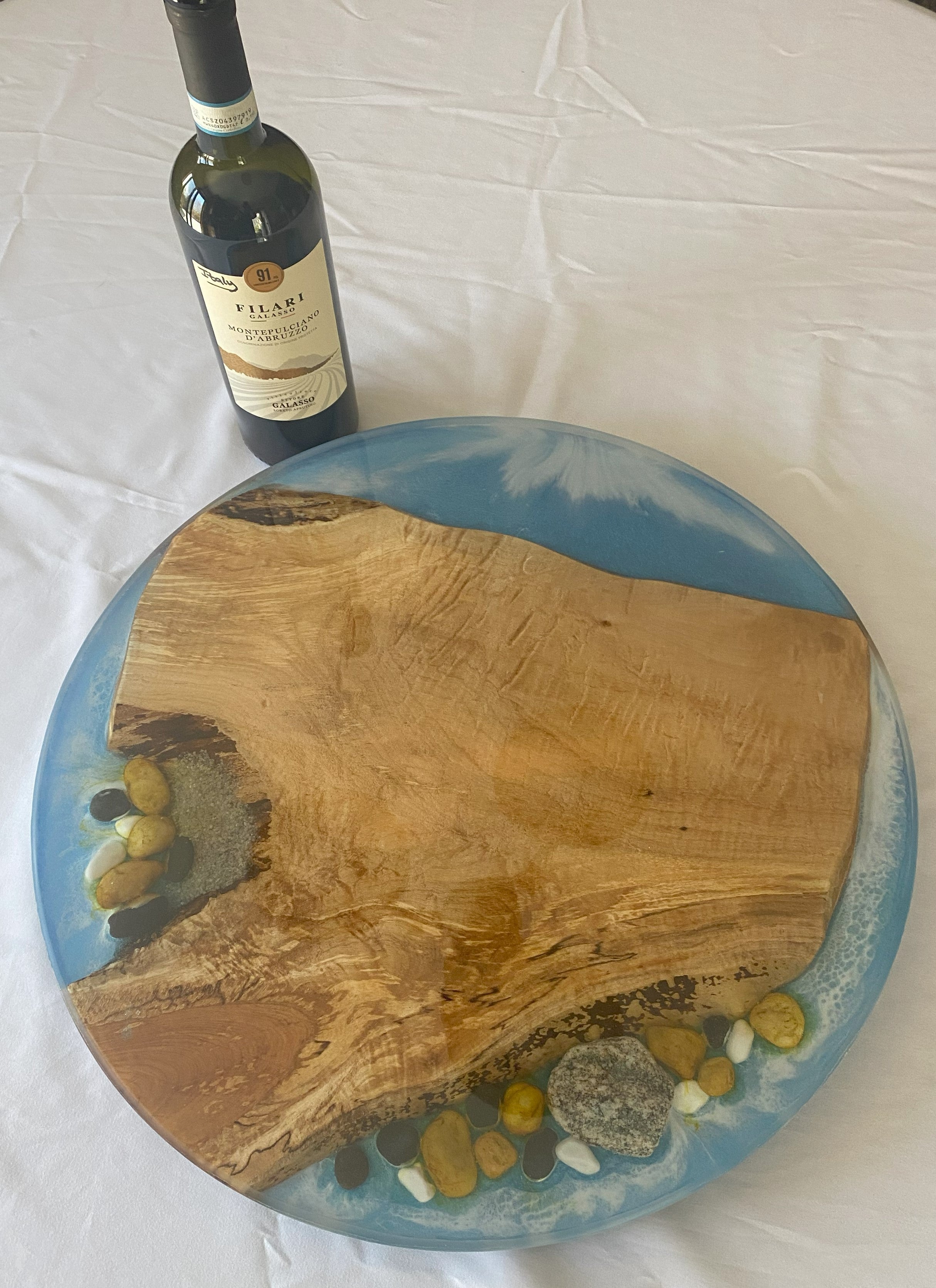 18" Wood & Epoxy Lazy Susan with Epoxy River, River Rocks and Sand, Rotating Charcuterie Board, Table Centerpiece for Kitchen or Dining Room, Wedding Gift