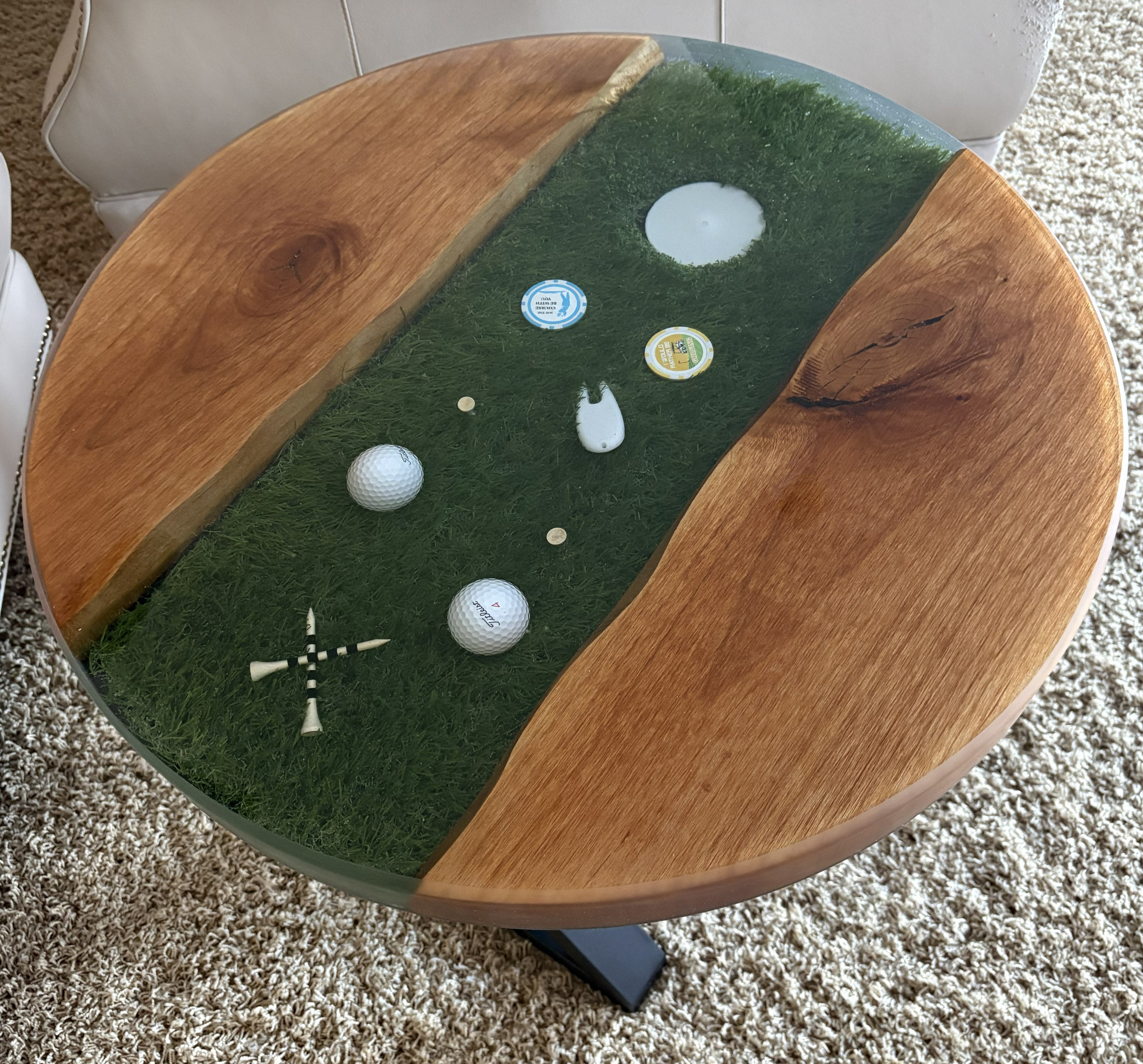 Golf River Table | Live Edge End Table | Artificial Turf Golf Table | Epoxy River Table With Embedded Golf Balls and Golf Tees