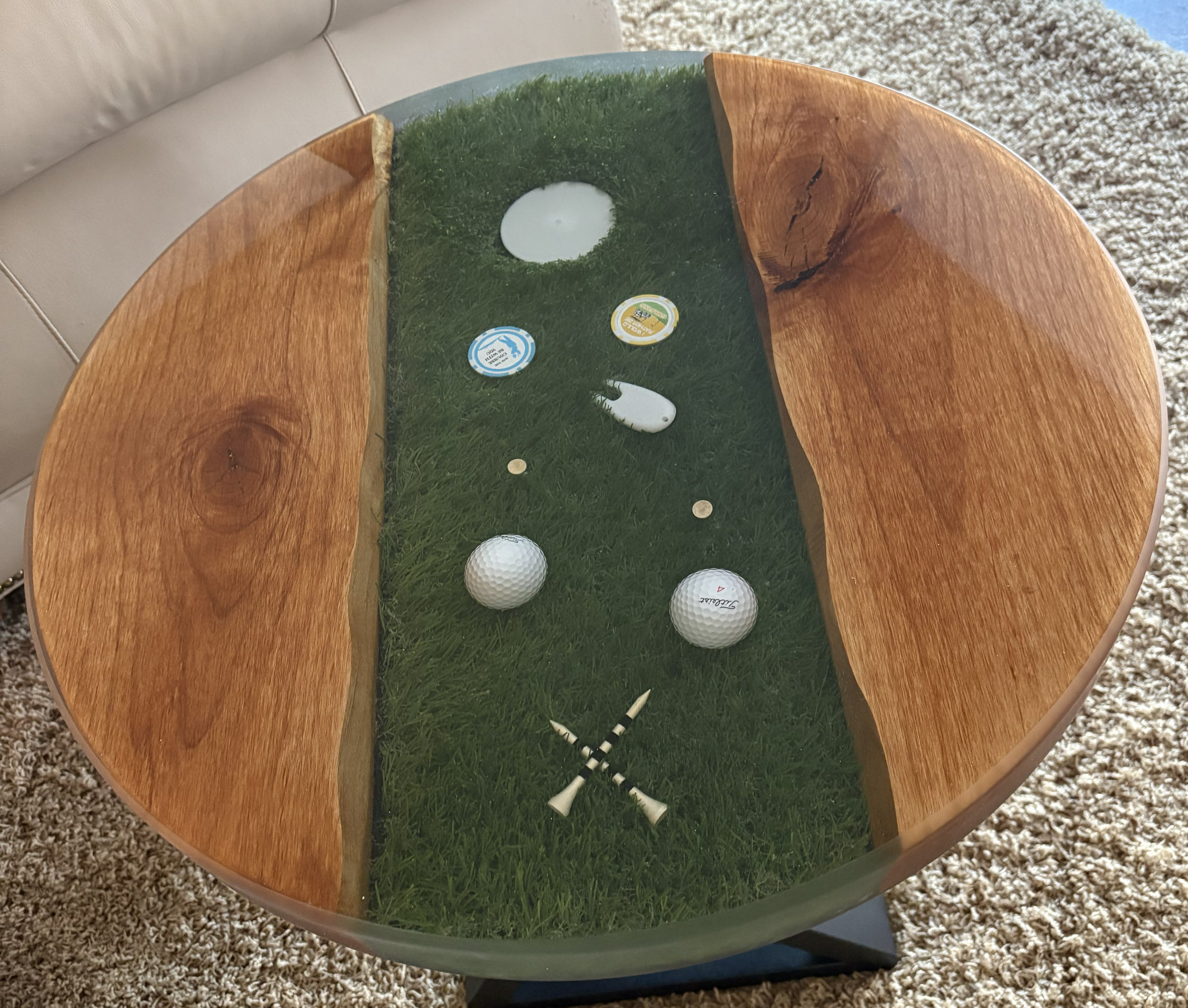 Golf River Table | Live Edge End Table | Artificial Turf Golf Table | Epoxy River Table With Embedded Golf Balls and Golf Tees